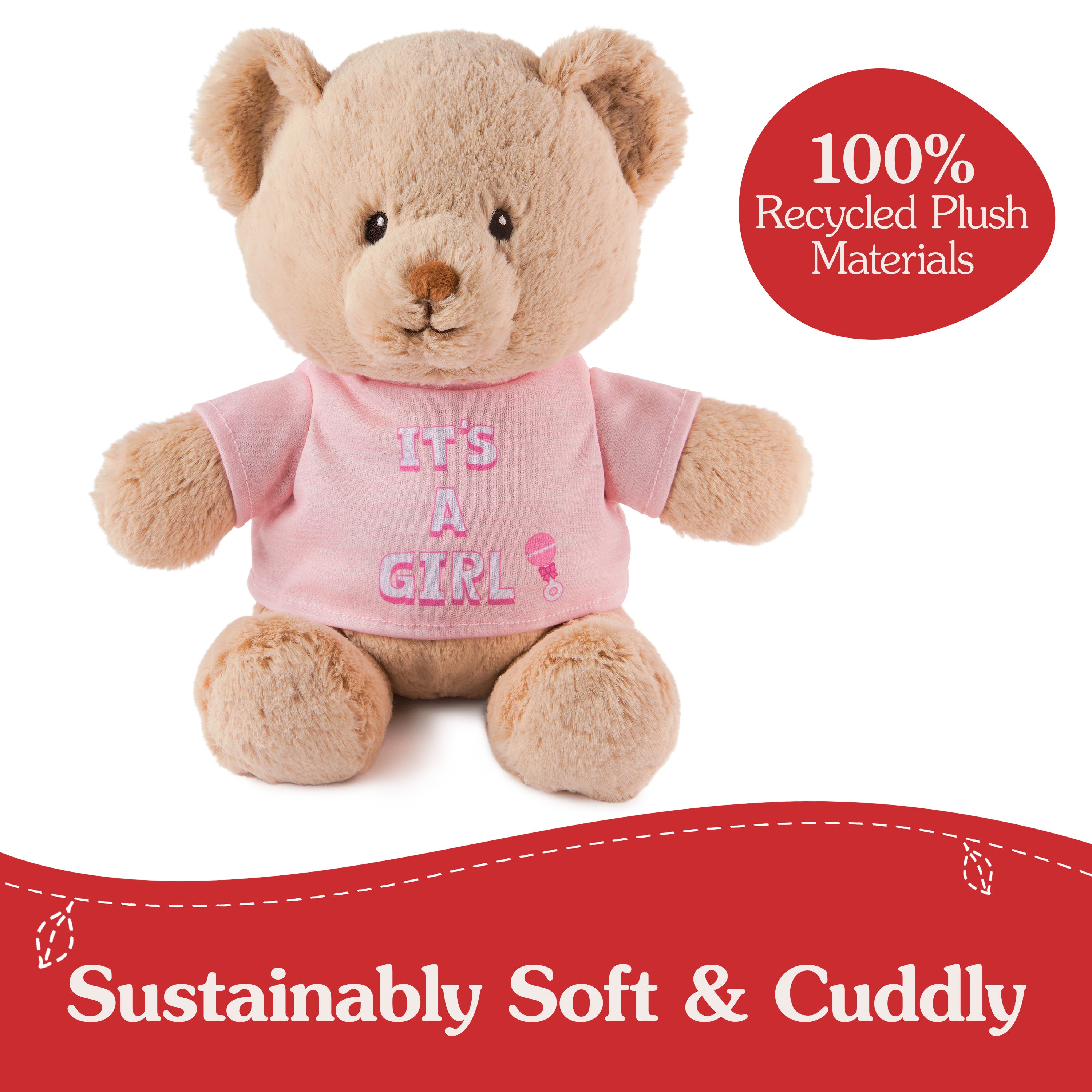 GUND “It's a Girl” Sustainable Message Bear with Pink T-Shirt, Teddy Bear Made from 100% Recycled Materials for Ages 1 and Up, Tan, 12”