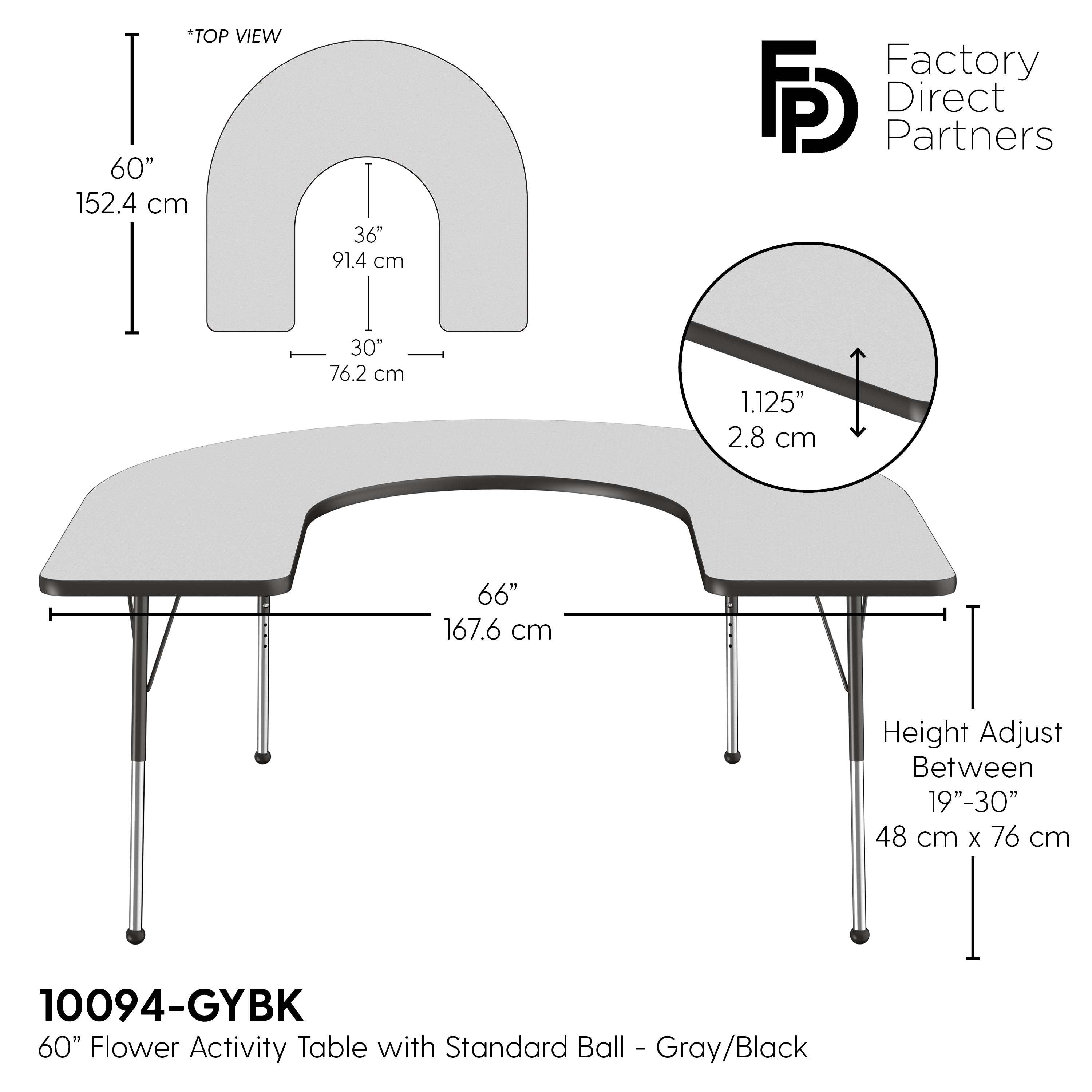 60" x 66" Horseshoe T-Molding Activity Table with Adjustable Standard Ball Glide Legs - Gray/Black