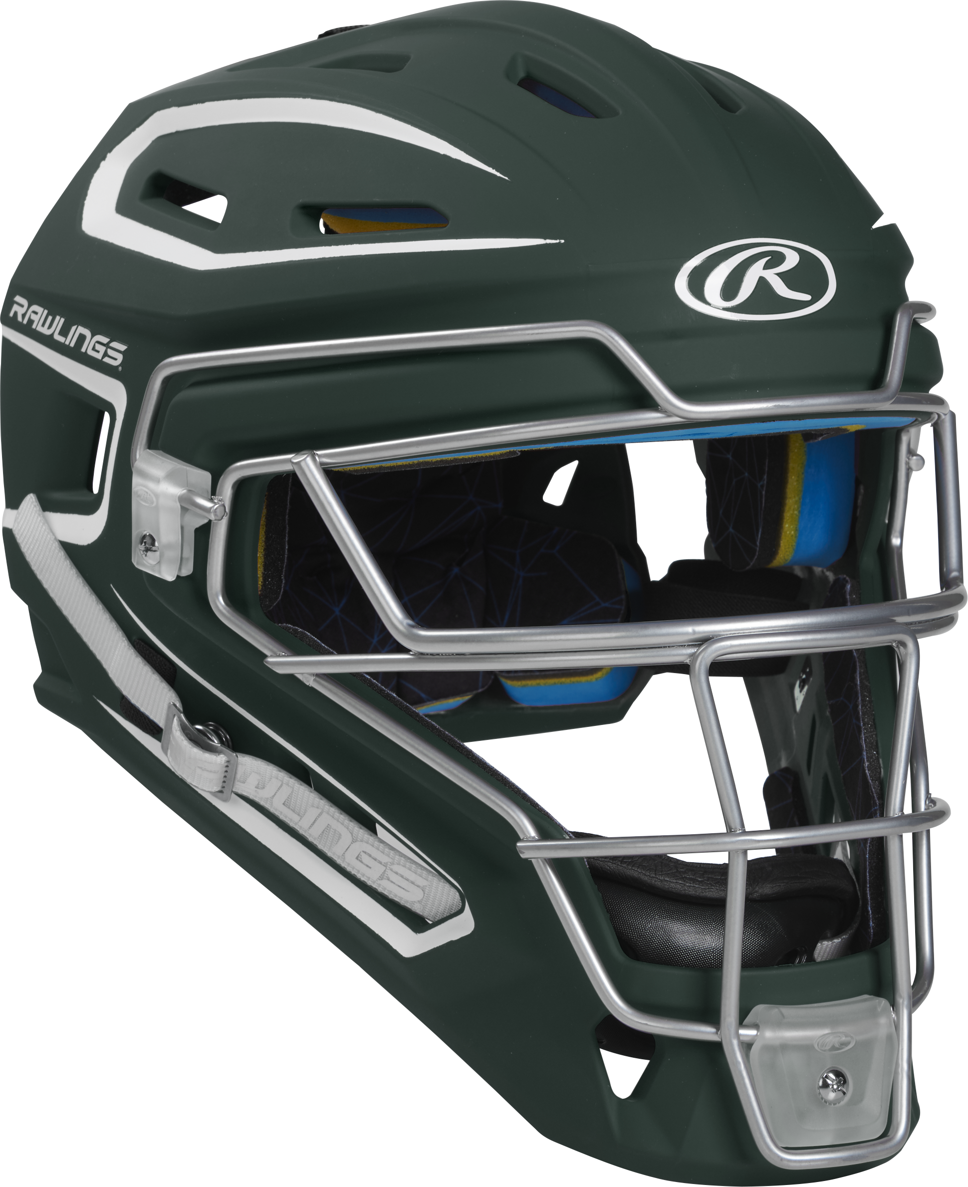 Rawlings Mach Matte 2-Tone Hockey Style Senior Catchers Helmet - Dark Green/White