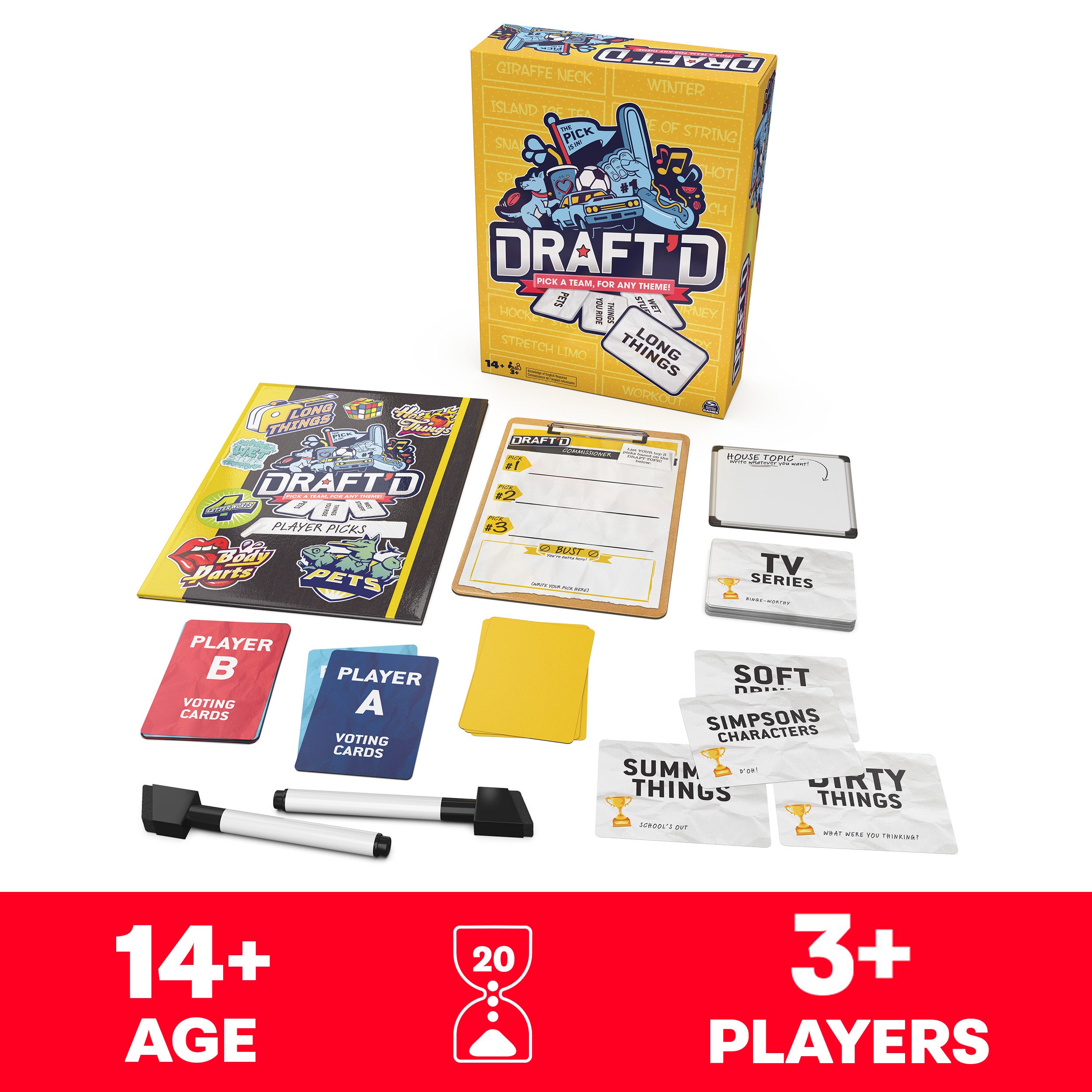 Spin Master Games, Draft’d, Competitive Drafting Party Game with Hilarious Prompts for College Nights, Football Watch Parties, Happy Hour Activity, for Teens & Adults, 3-5 Players, for Ages 14 & Up