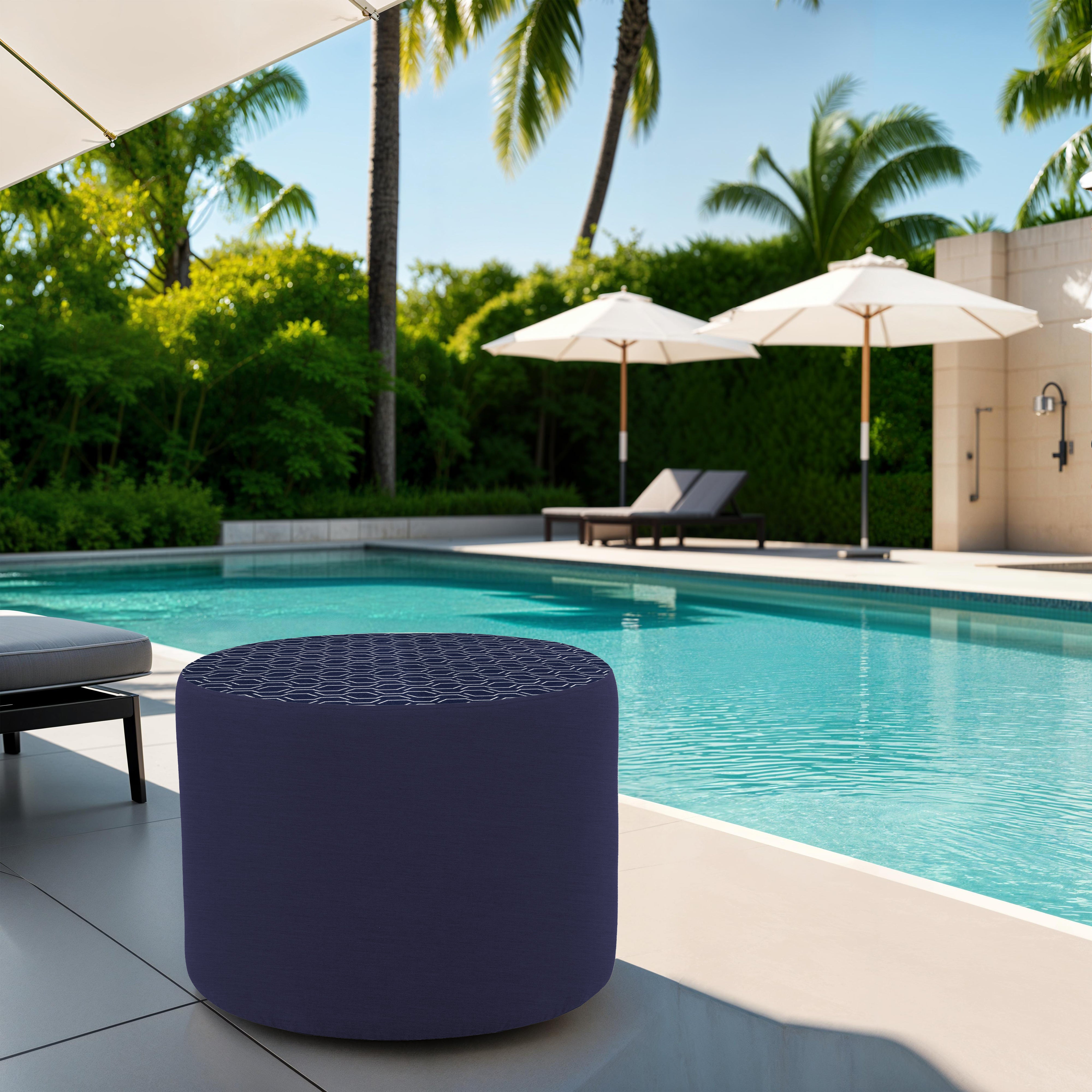 Outdoor 24" Round Ottoman with Sunbrella, 18" H - Adaptation Indigo/Canvas Navy