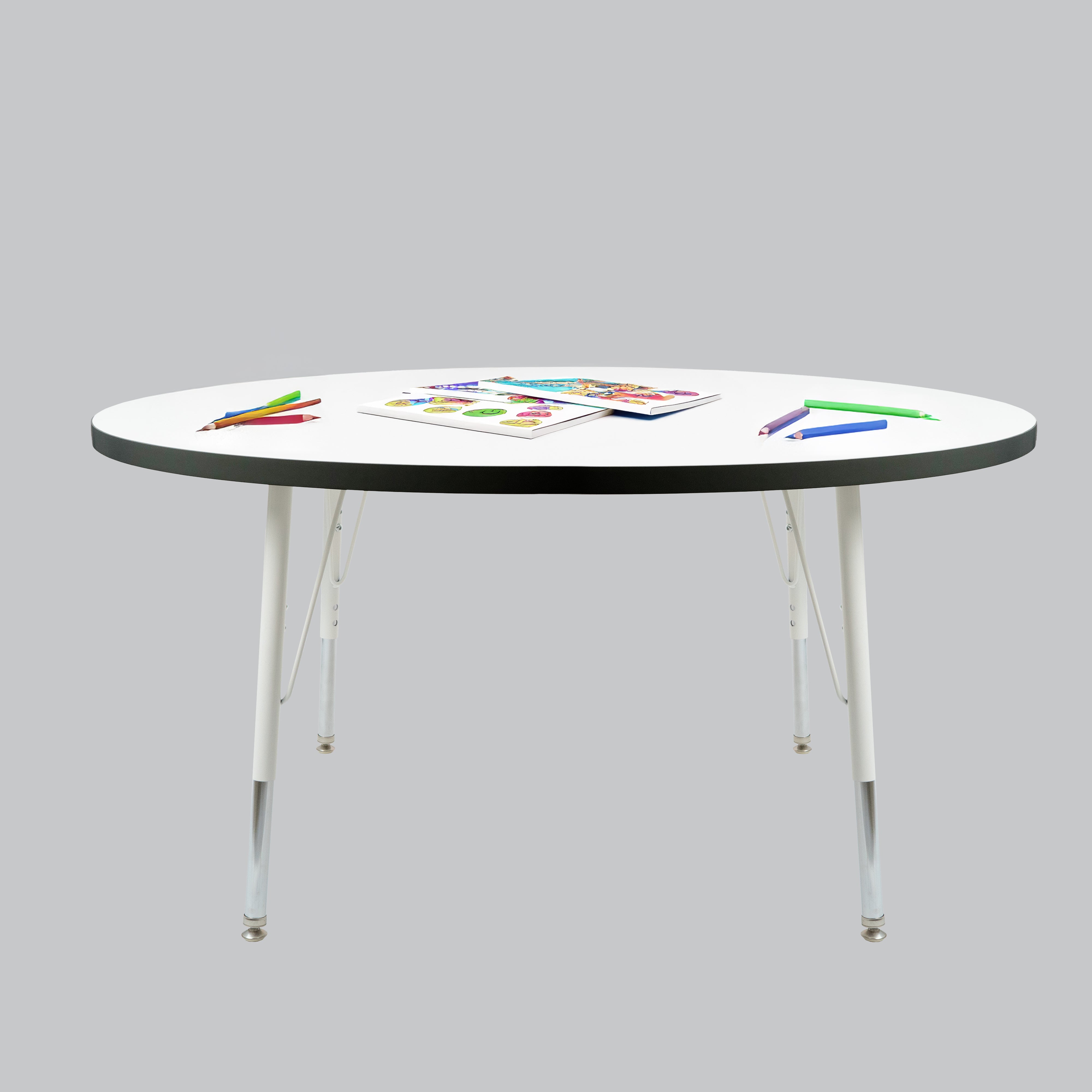 48" Round Thermofused Activity Table with Adjustable Standard Swivel Glide Legs - White/Black/White
