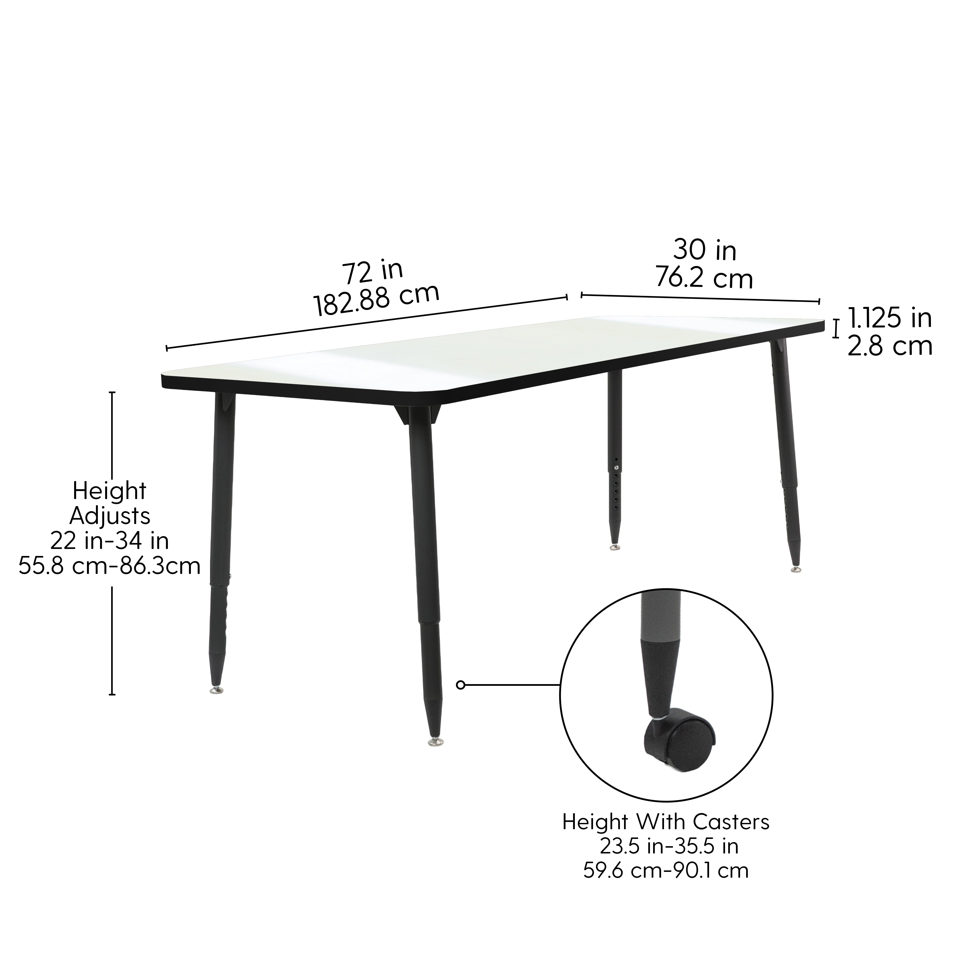 Adapte 30" x 72" Rectangle Dry-Erase Thermofused Activity Table with Adjustable Tapered Legs - Whiteboard/Black