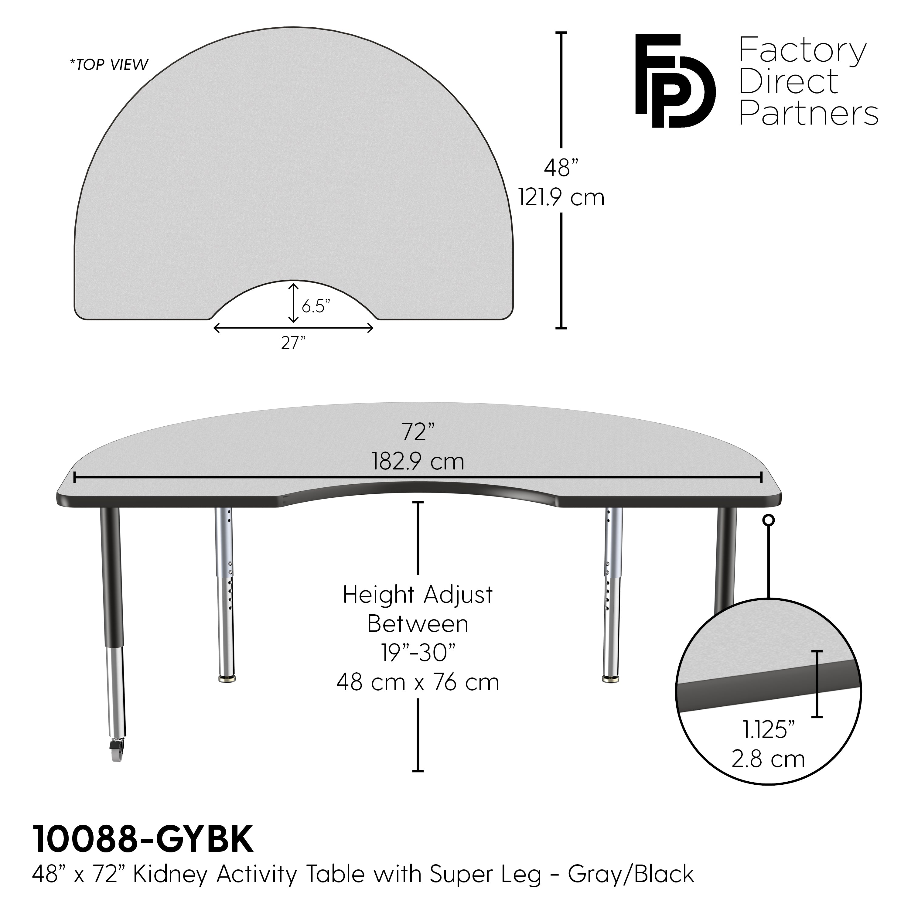 48" x 72" Kidney T-Molding Activity Table with Adjustable Super Legs - Gray/Black