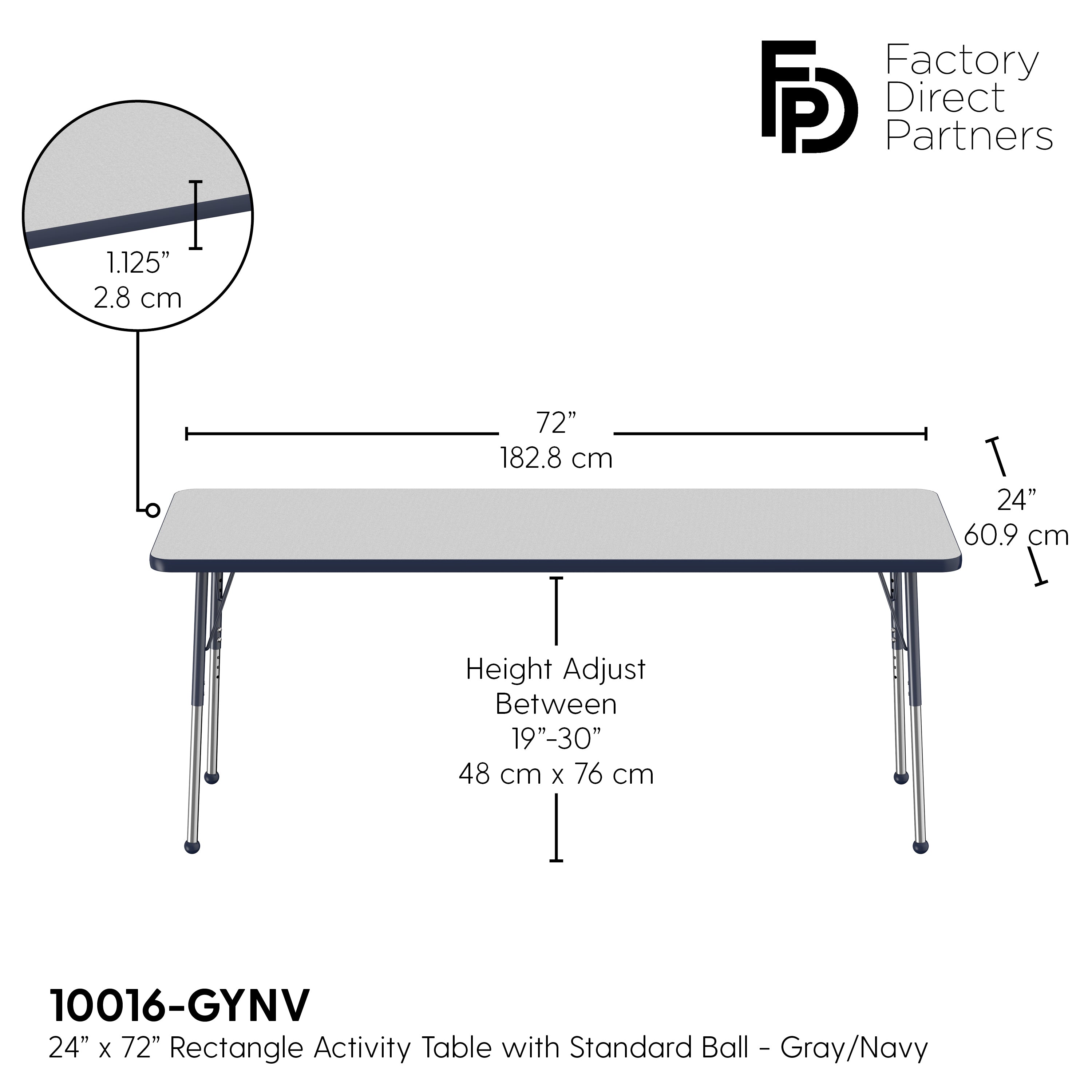 24" x 72" Rectangle T-Molding Activity Table with Adjustable Standard Ball Glide Legs - Gray/Navy