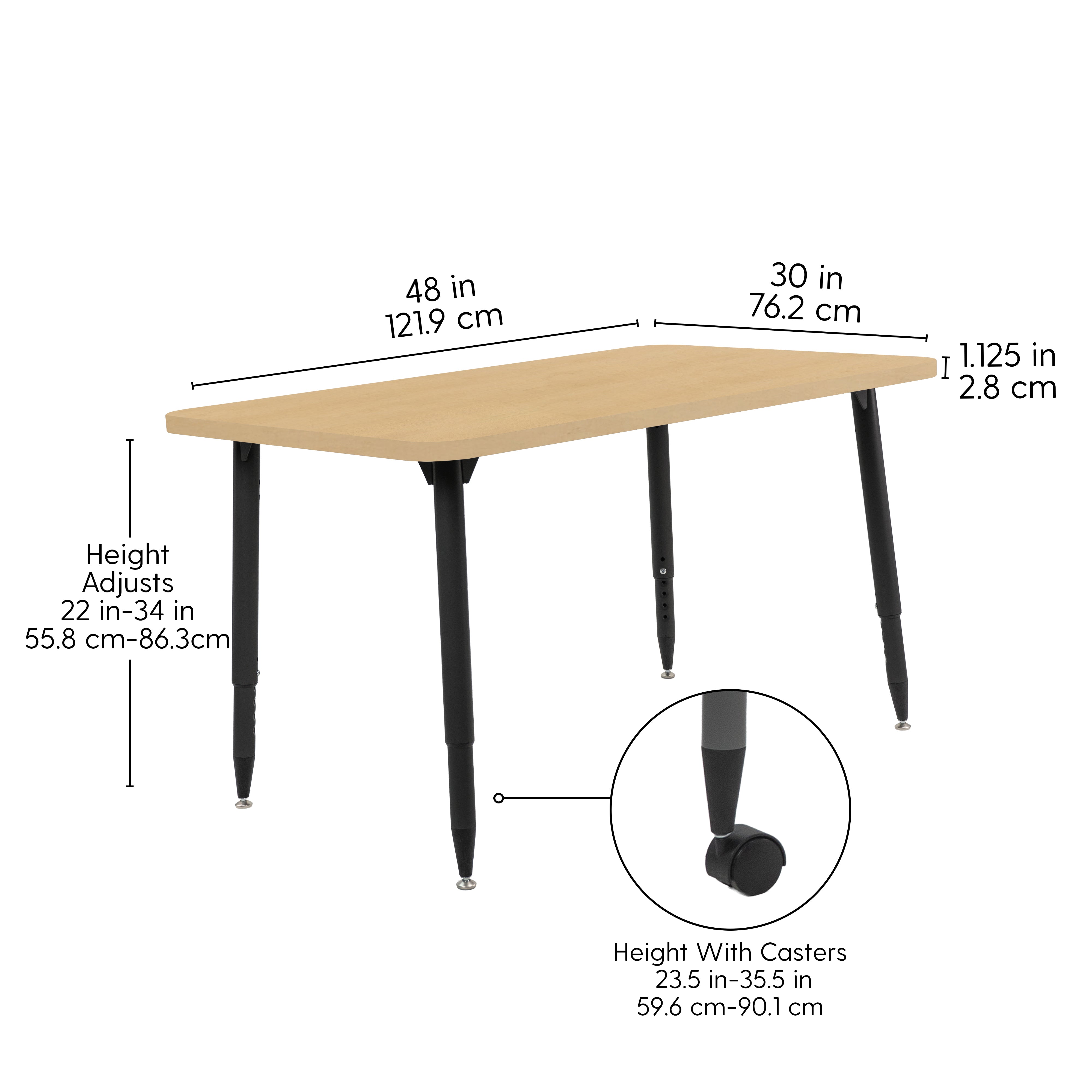 Adapte 30" x 48" Rectangle Woodgrain Activity Table with Adjustable Tapered Legs - Maple Grain/Black