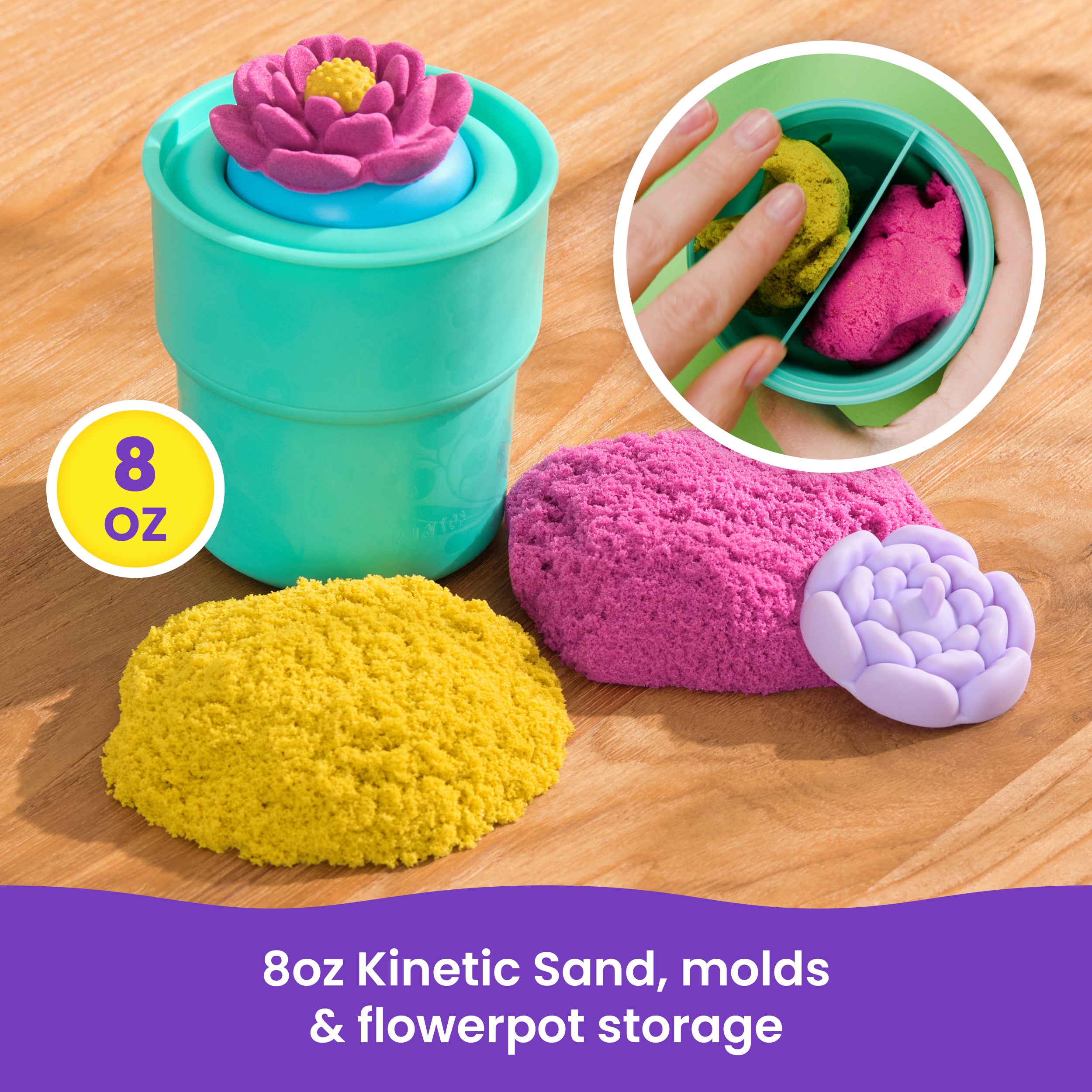 Kinetic Sand, SquishBlossom Blooming Flower with 8oz Neon Yellow & Pink Play Sand, Pot & Molds, Gifts for Mom & Kids, Arts and Crafts Sensory Toys