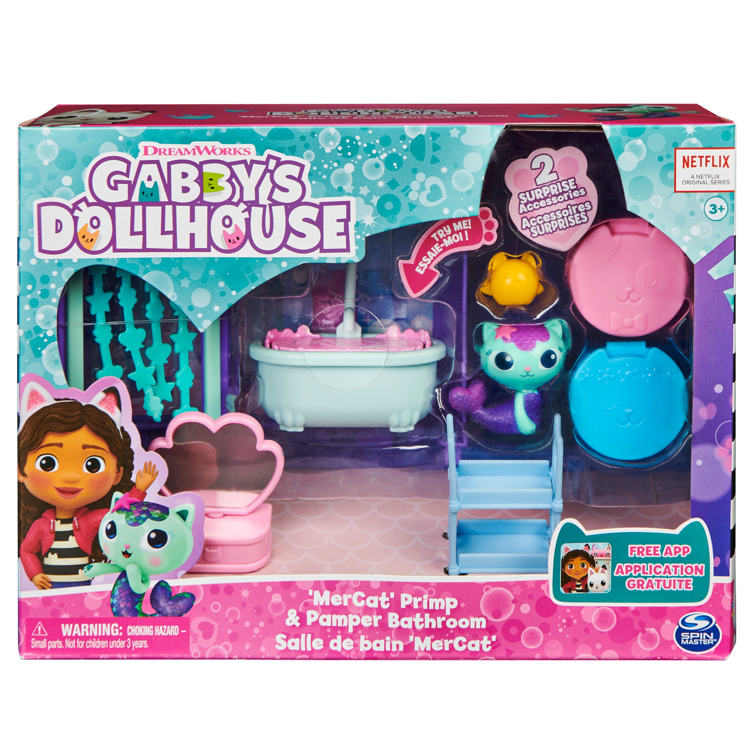Gabby’s Dollhouse, Primp and Pamper Bathroom with MerCat Figure, 3 Accessories, 3 Furniture and 2 Deliveries, Kids Toys for Ages 3 and up
