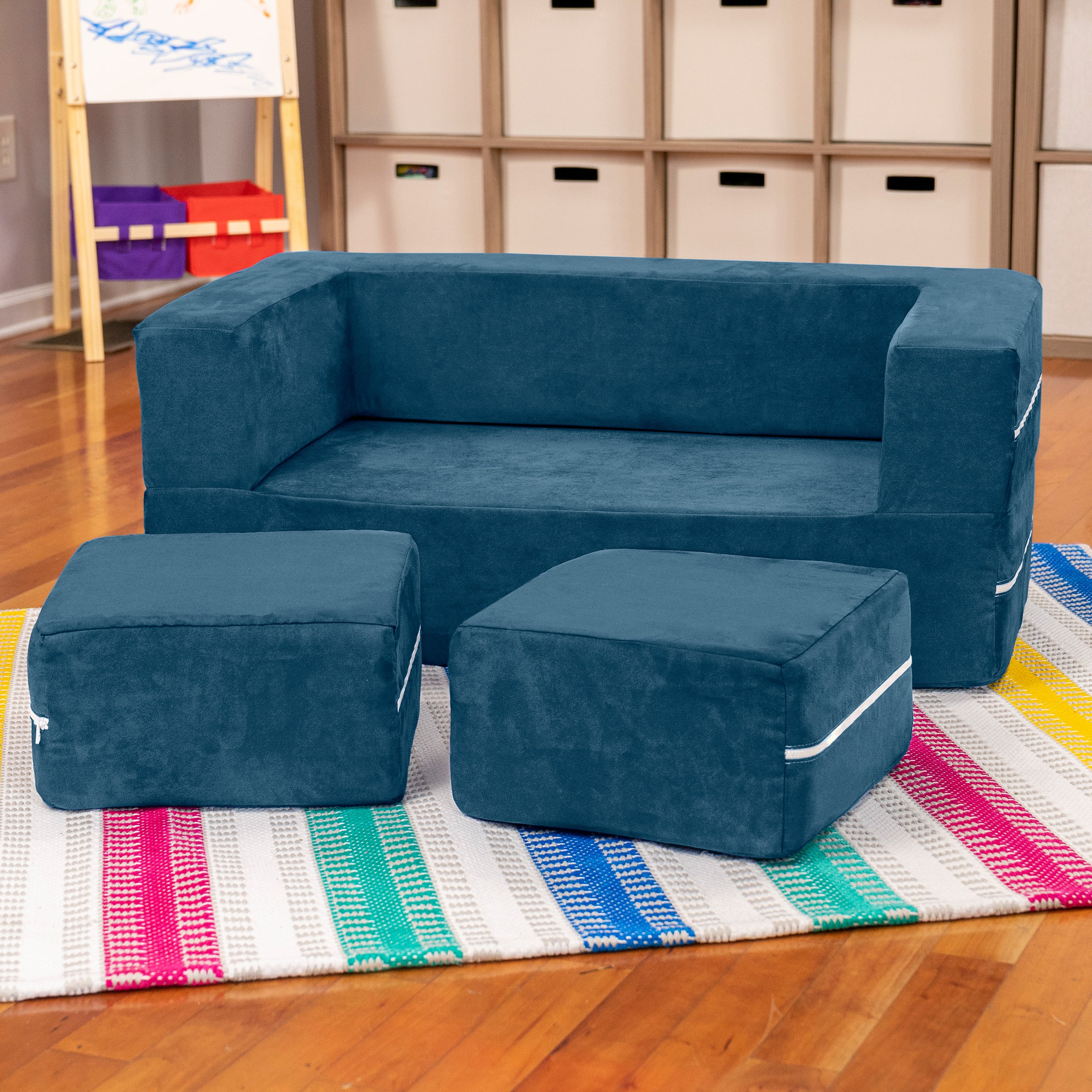 Jaxx Zipline Kids Modular Loveseat & Ottomans/Fold Out Lounger, Navy