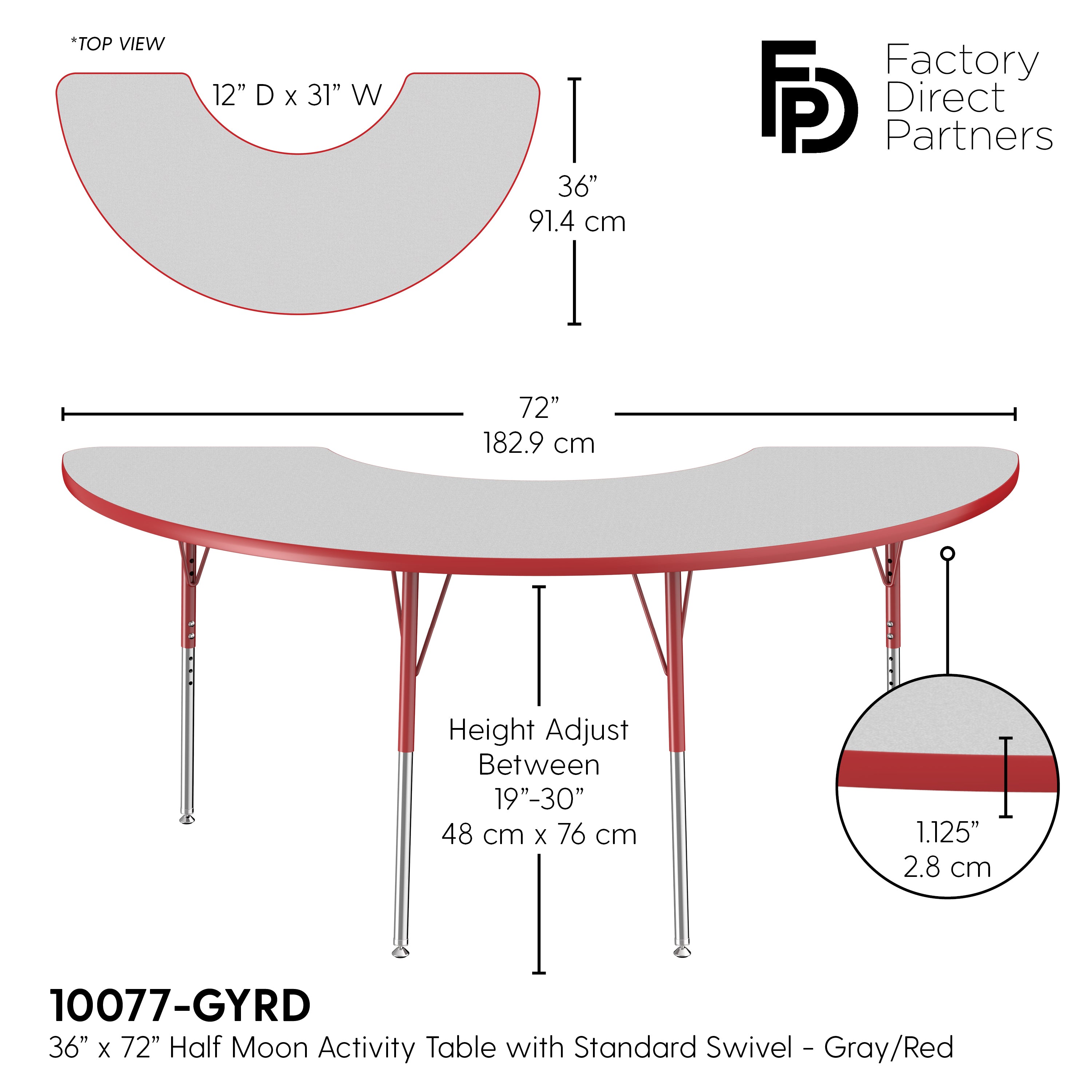 36" x 72" Half Moon T-Molding Activity Table with Adjustable Standard Swivel Glide Legs - Gray/Red