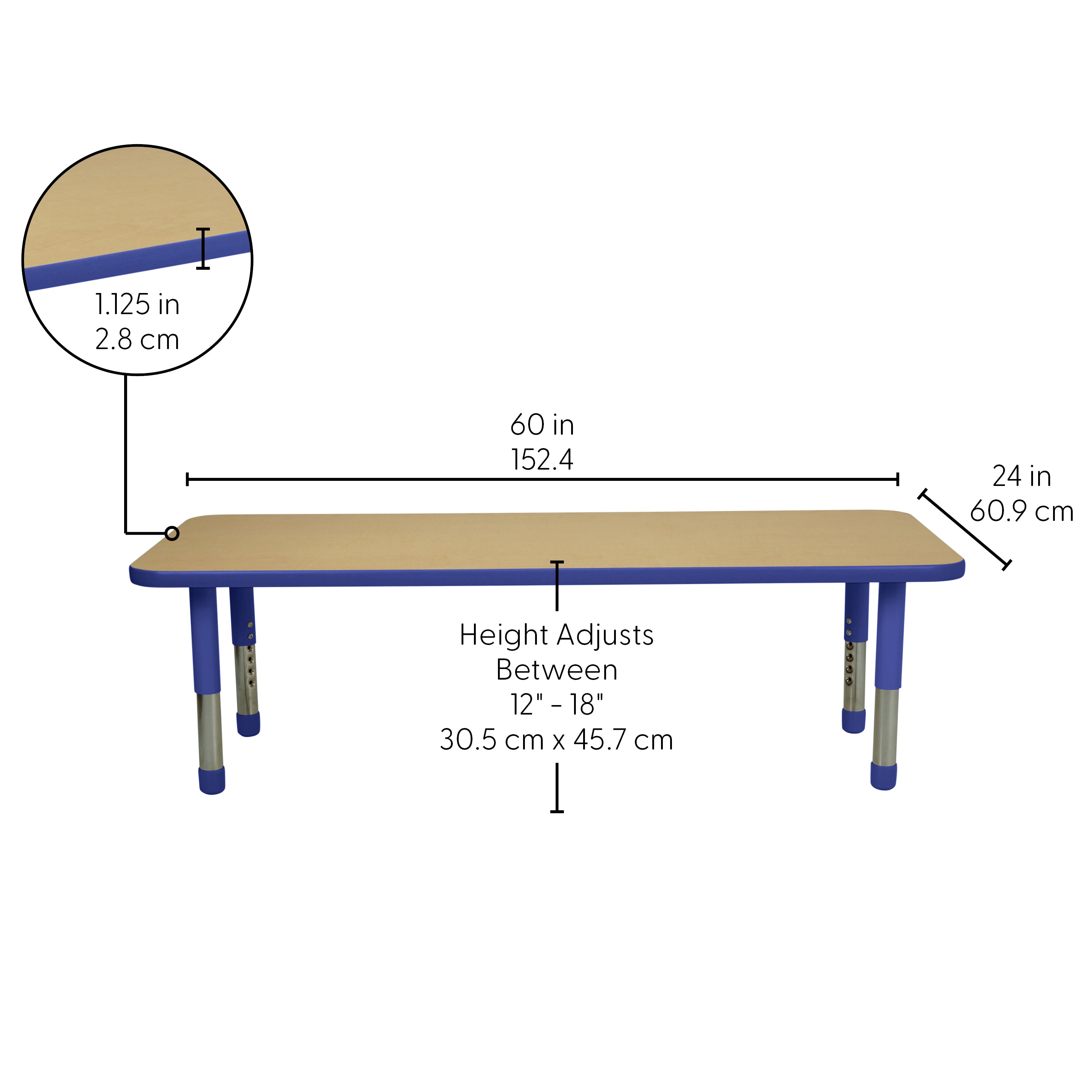 24" x 60" Rectangle T-Molding Activity Table with Adjustable Tiny Tot Legs - Maple/Blue