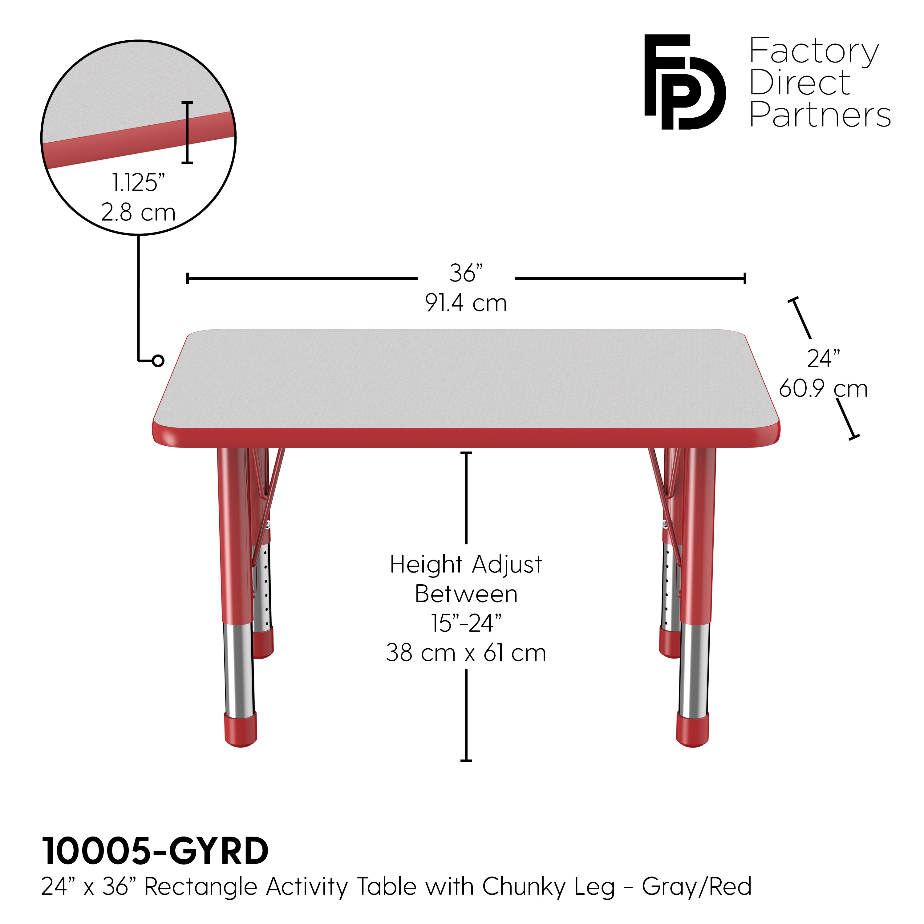 24" x 36" Rectangle T-Molding Activity Table with Adjustable Chunky Legs - Gray/Red