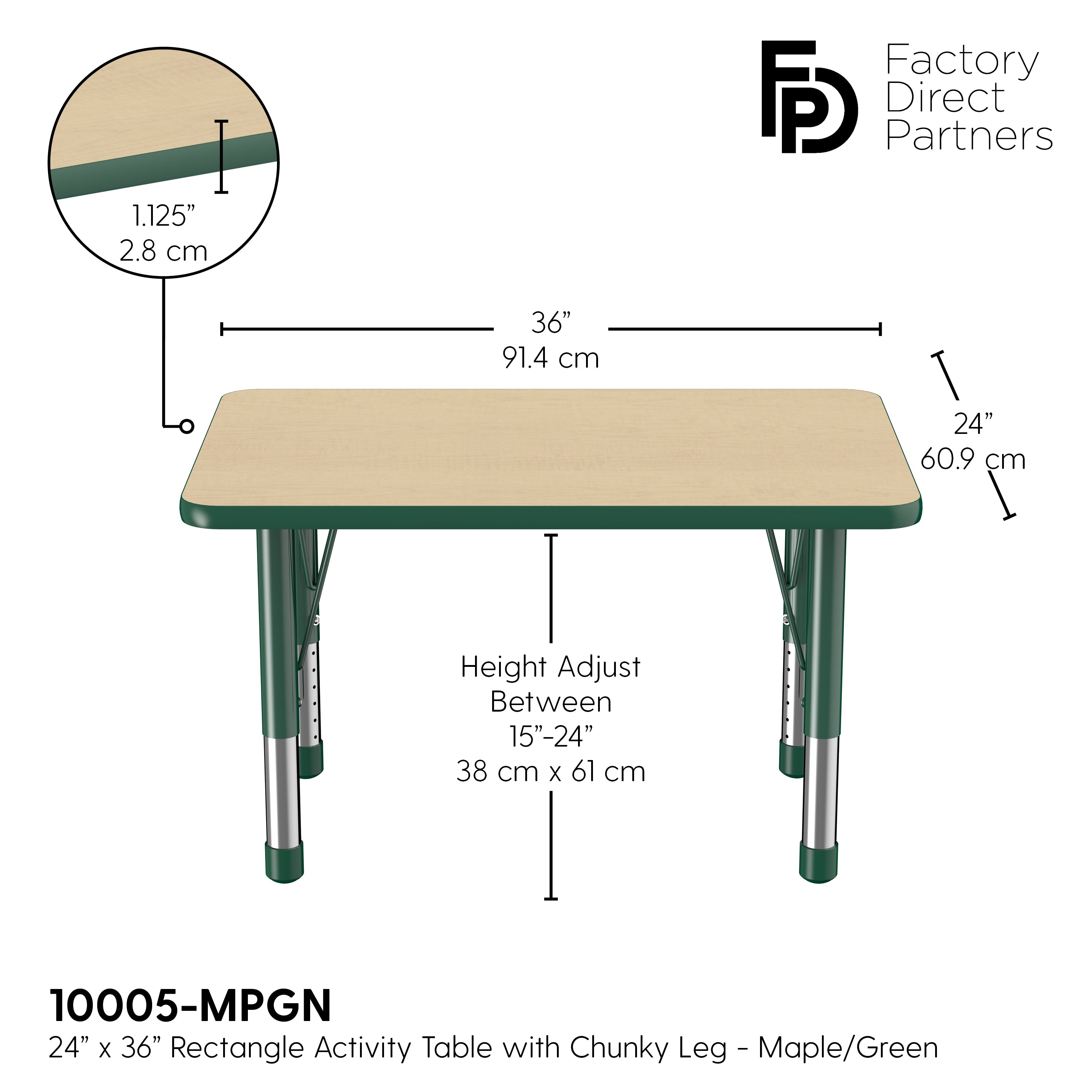 24" x 36" Rectangle T-Molding Activity Table with Adjustable Chunky Legs - Maple/Green