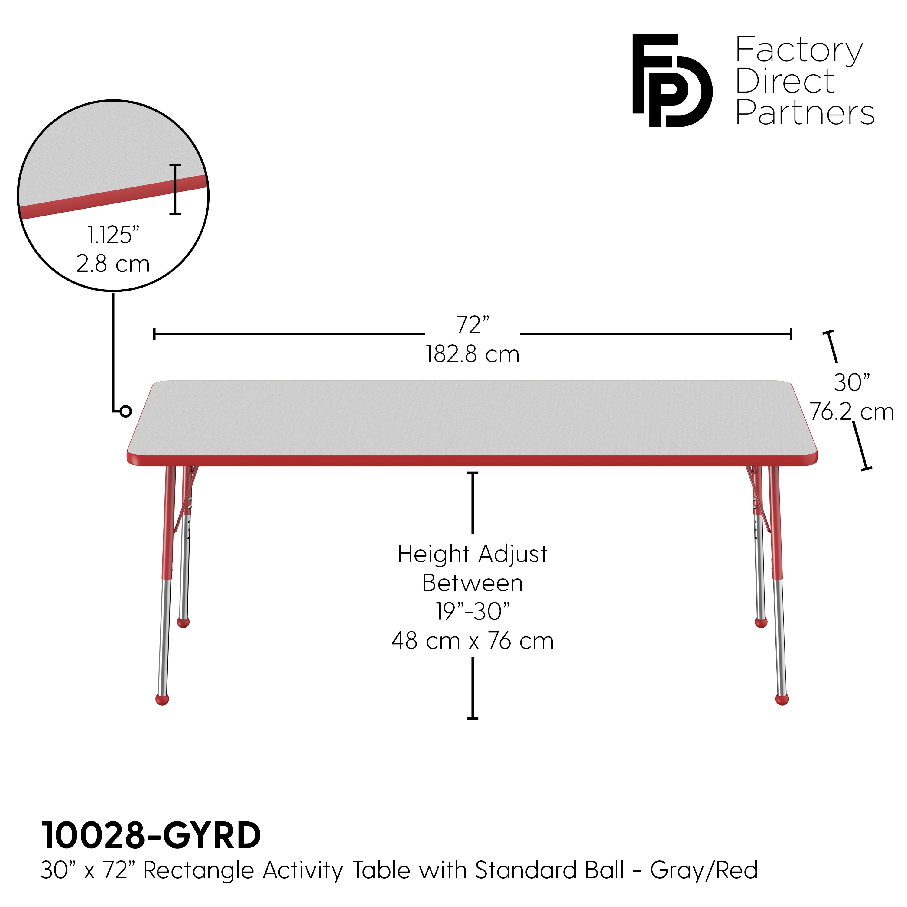 30" x 72" Rectangle T-Molding Activity Table with Adjustable Standard Ball Glide Legs - Gray/Red