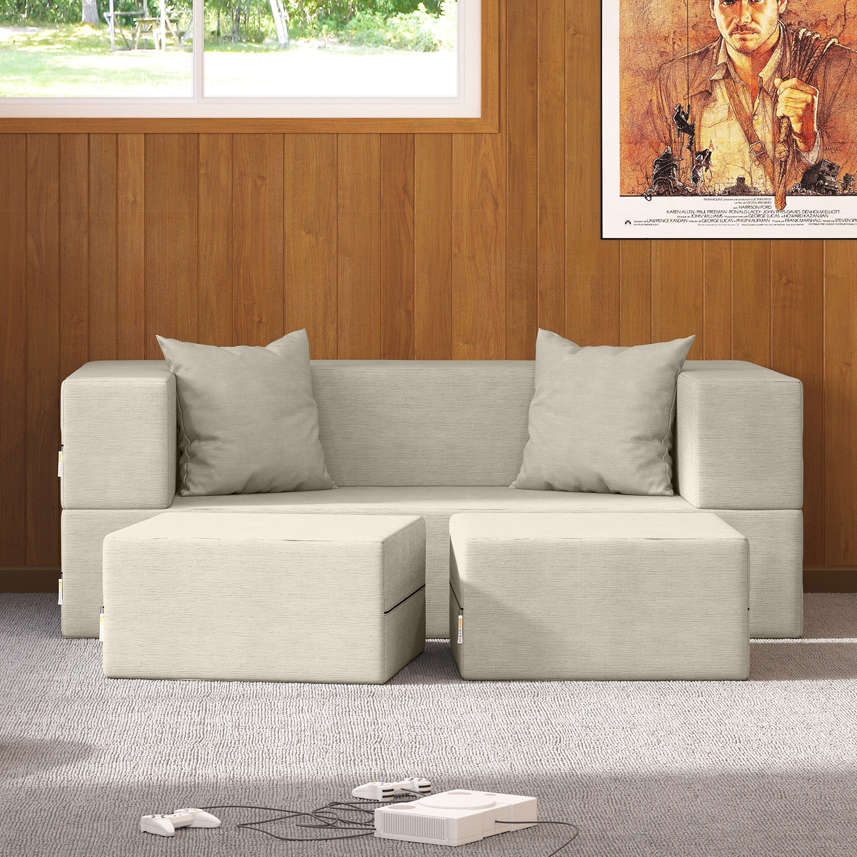 Jaxx Zipline Convertible Sleeper Loveseat & Ottomans, Textured Microvelvet - Ivory