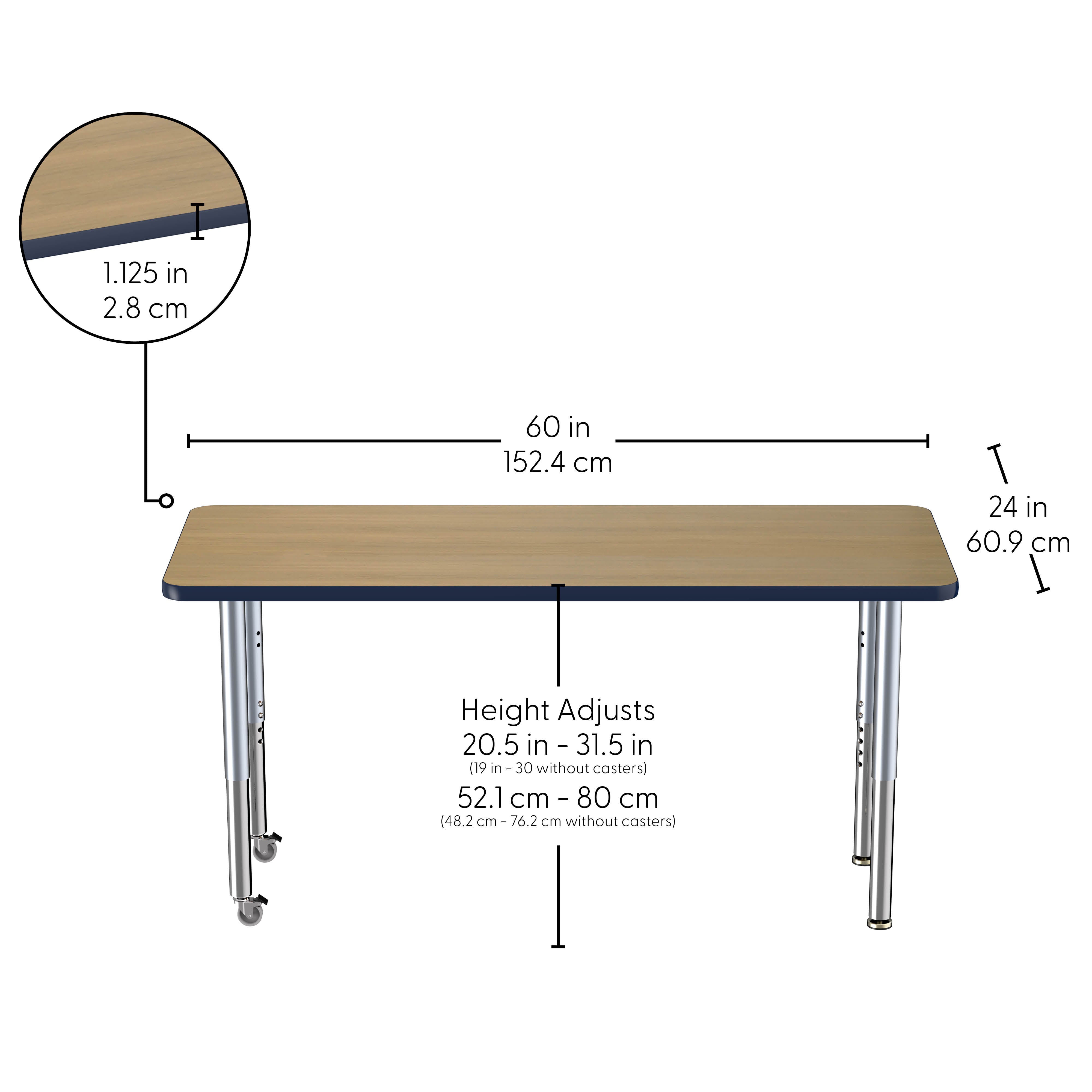 24" x 60" Rectangle Thermofused Activity Table with Adjustable Super Legs - Pasadena Oak/Navy/Silver