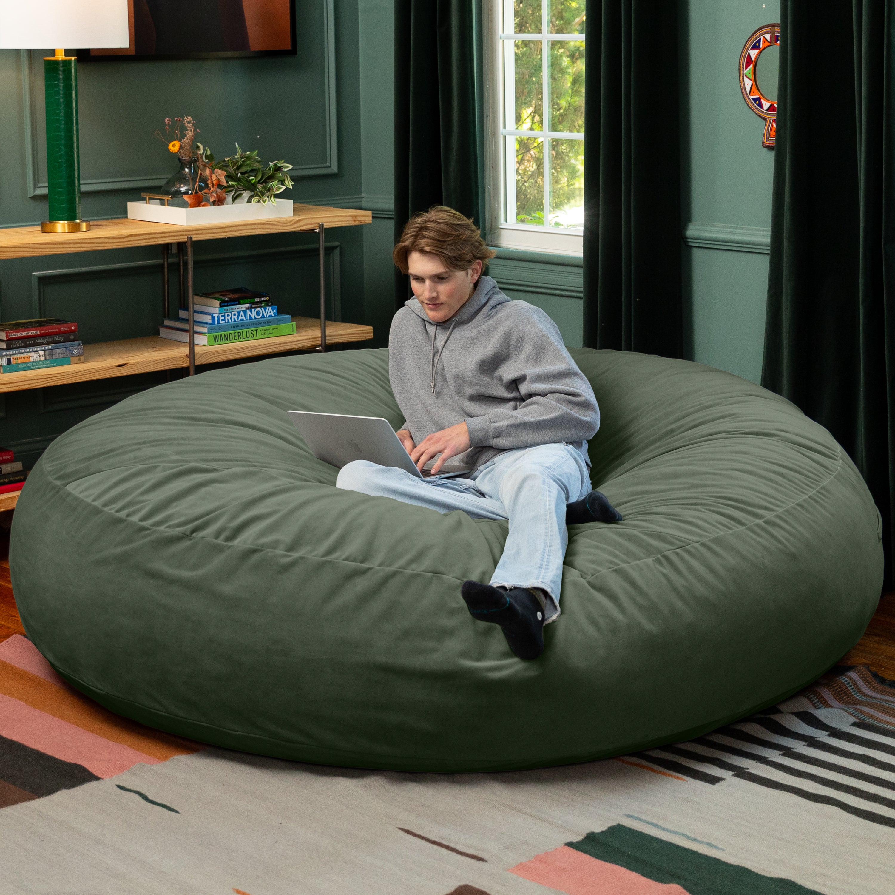 Jaxx 6 Foot Cocoon - 2-in-1 Convertible Bean Bag Bed & Large Bean Bag Chair for Adults, Premium Lush Velvet - Green