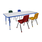30" x 72" Rectangle Dry-Erase Activity Table with Standard Legs and 14" Stack Chairs with Ball Glides, 5-Piece Set - Whiteboard/Blue/Assorted