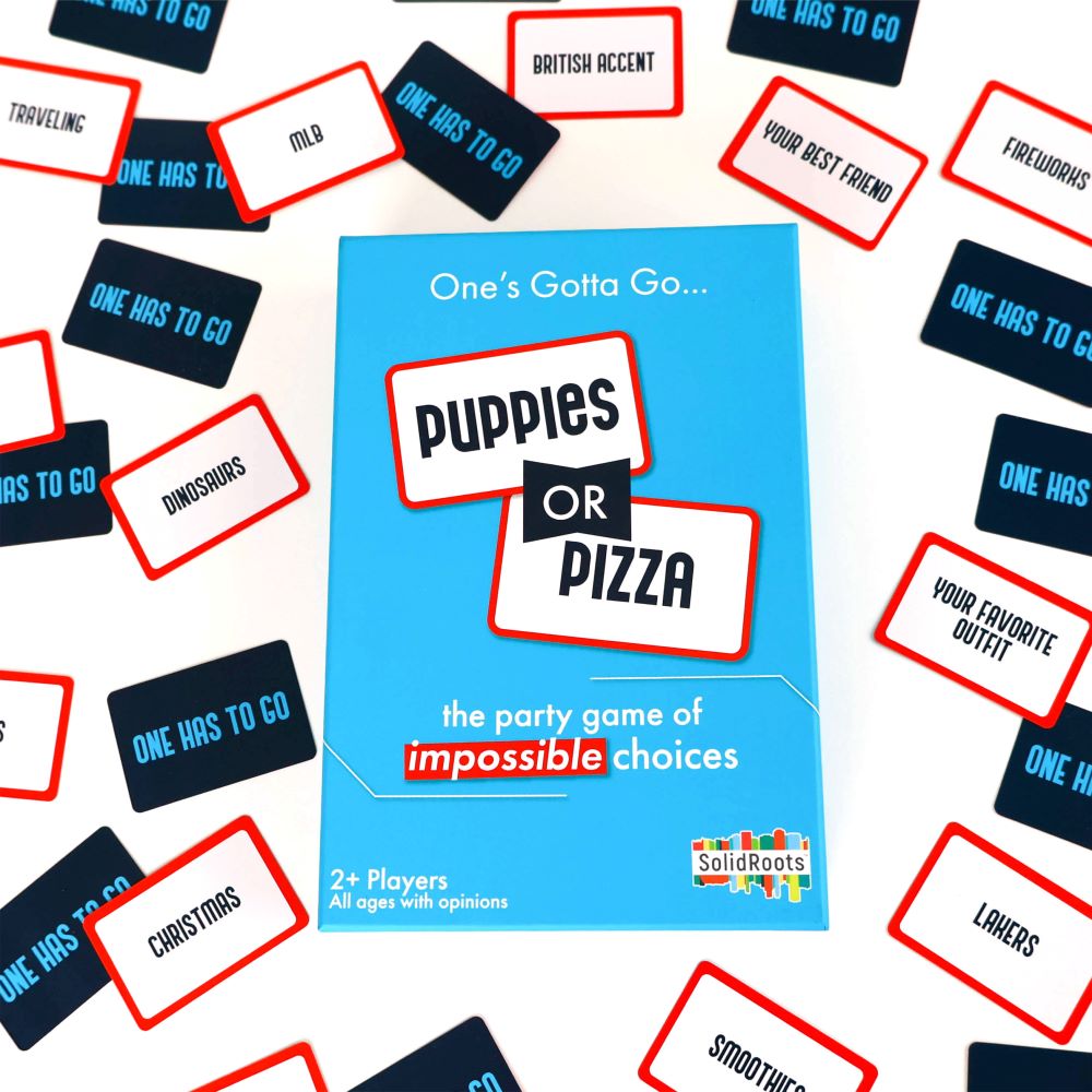 Spin Master Games, SolidRoots Puppies or Pizza? The Card Game of Impossible Choices | Family Games, Adult Games, Travel Games, Camping Games | Party Games for Adults & Kids Ages 8+