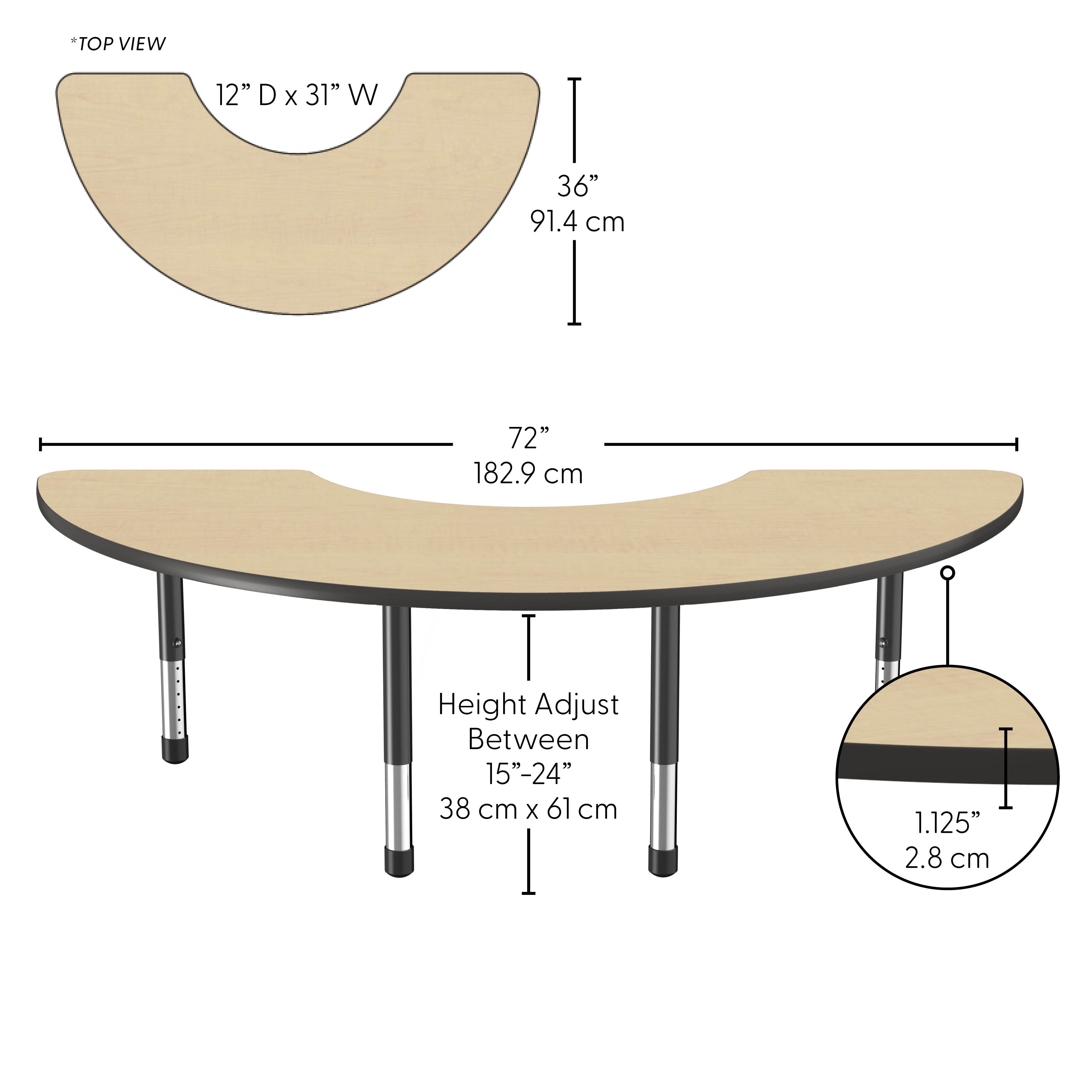 36" x 72" Half Moon Thermofused Activity Table with Adjustable Chunky Legs - Maple/Black