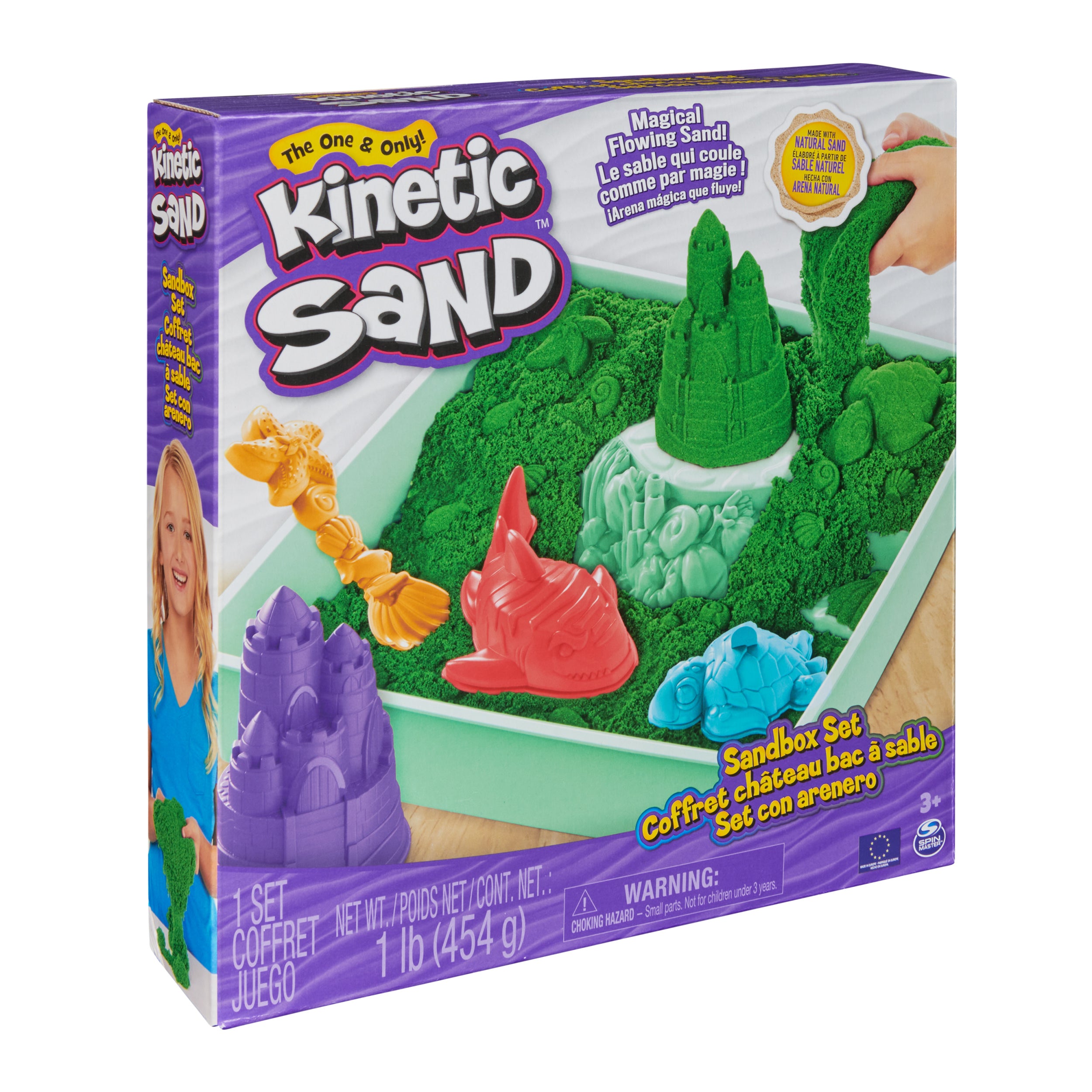 Kinetic Sand Sandbox Set, 1lb Play Sand, Sandbox Storage, 4 Molds and Tools, Sensory Toys for Kids Ages 3+ Styles May Vary