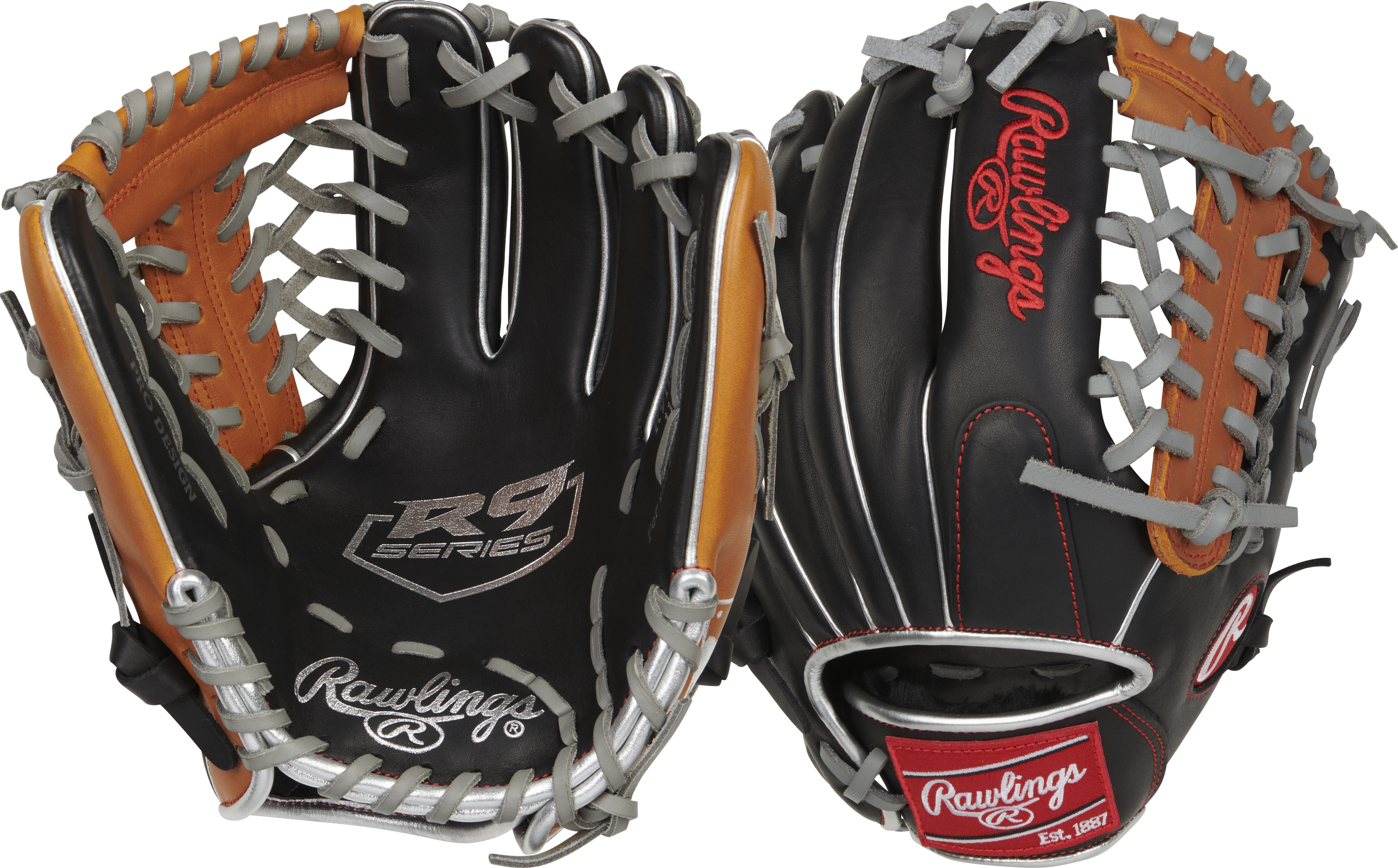 Rawlings R9 Baseball Contour Series 11.5-Inch Baseball Glove - Right Hand Thrower - Black/Tan