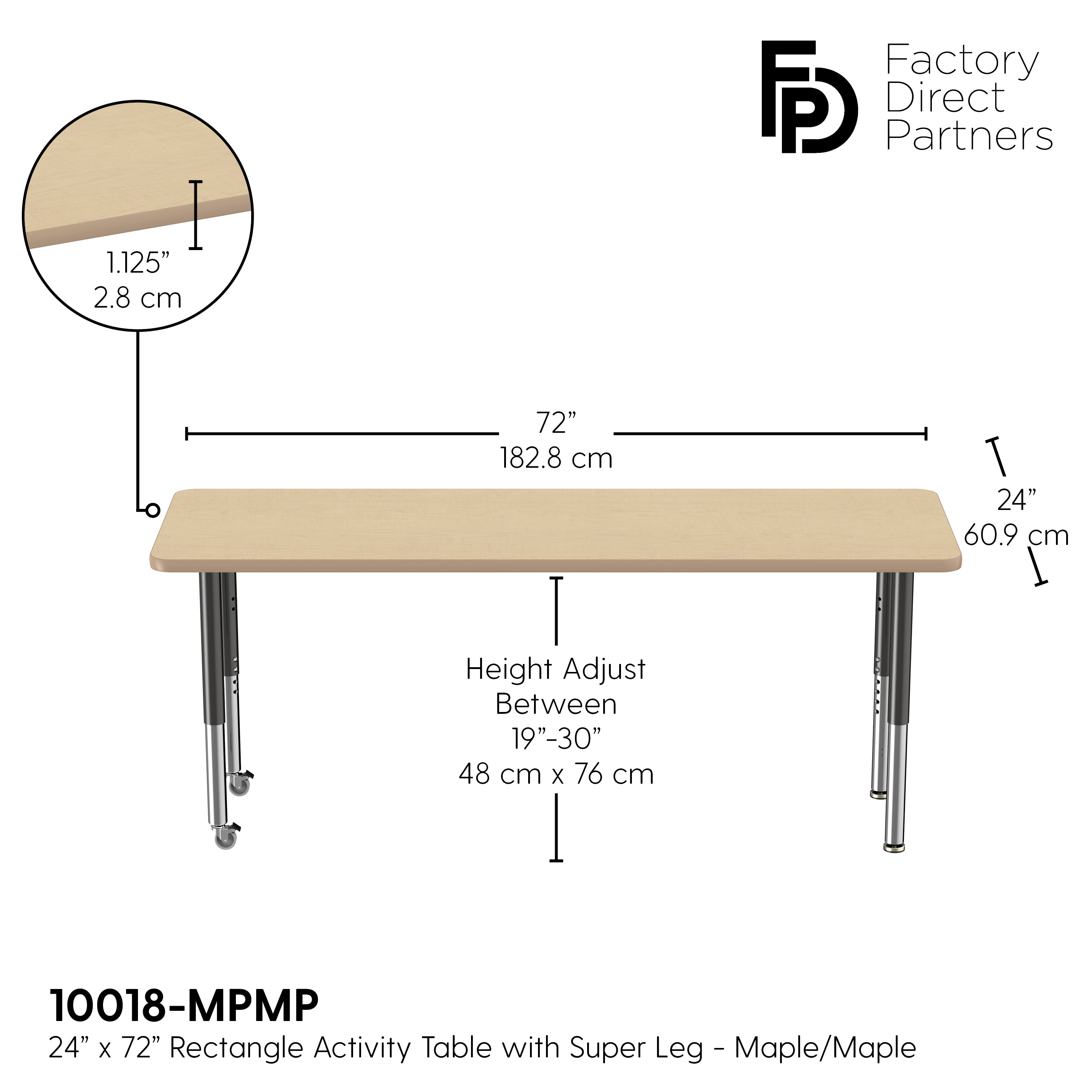 24" x 72" Rectangle T-Molding Activity Table with Adjustable Super Legs - Maple/Maple/Black