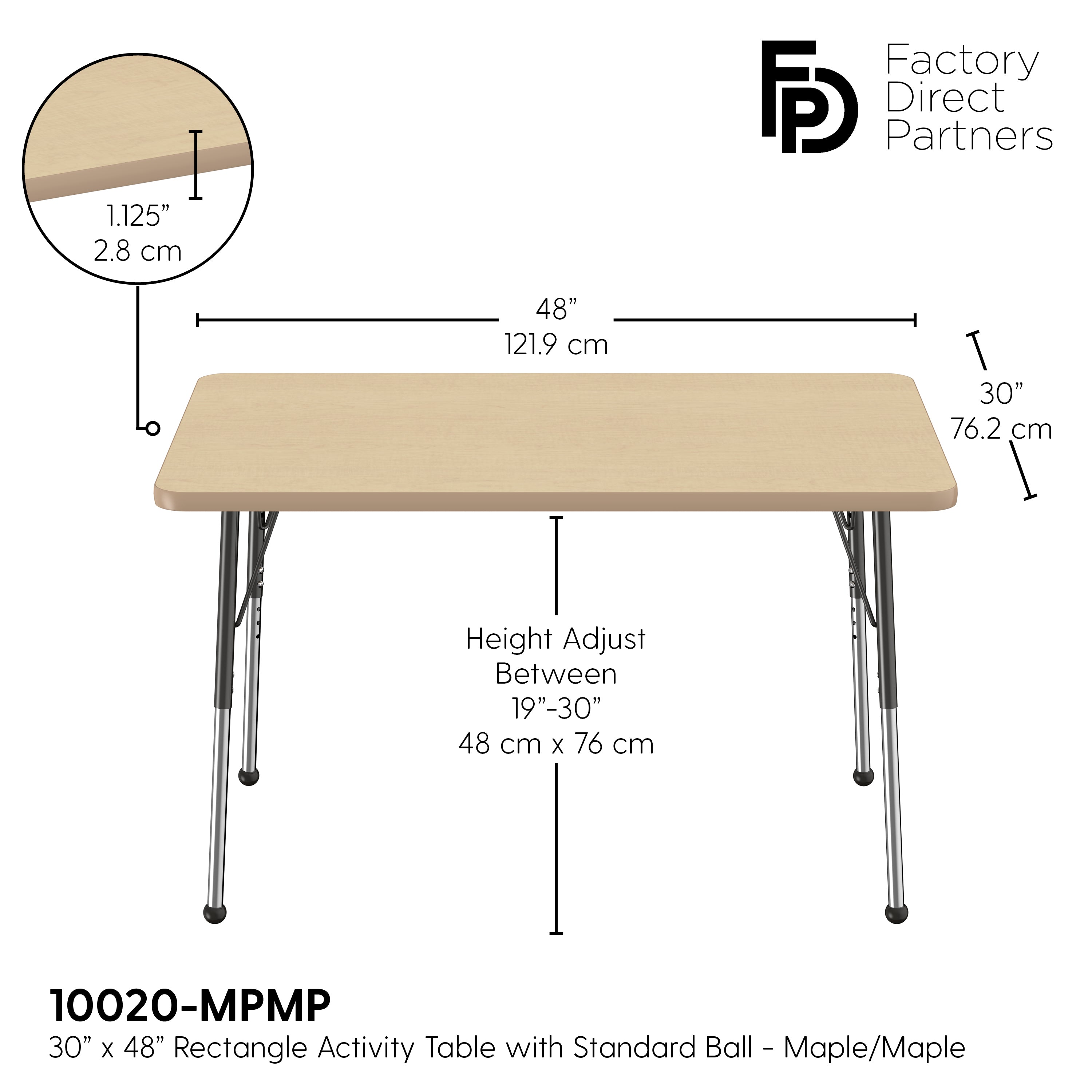 30" x 48" Rectangle T-Molding Activity Table with Adjustable Standard Ball Glide Legs - Maple/Maple/Black