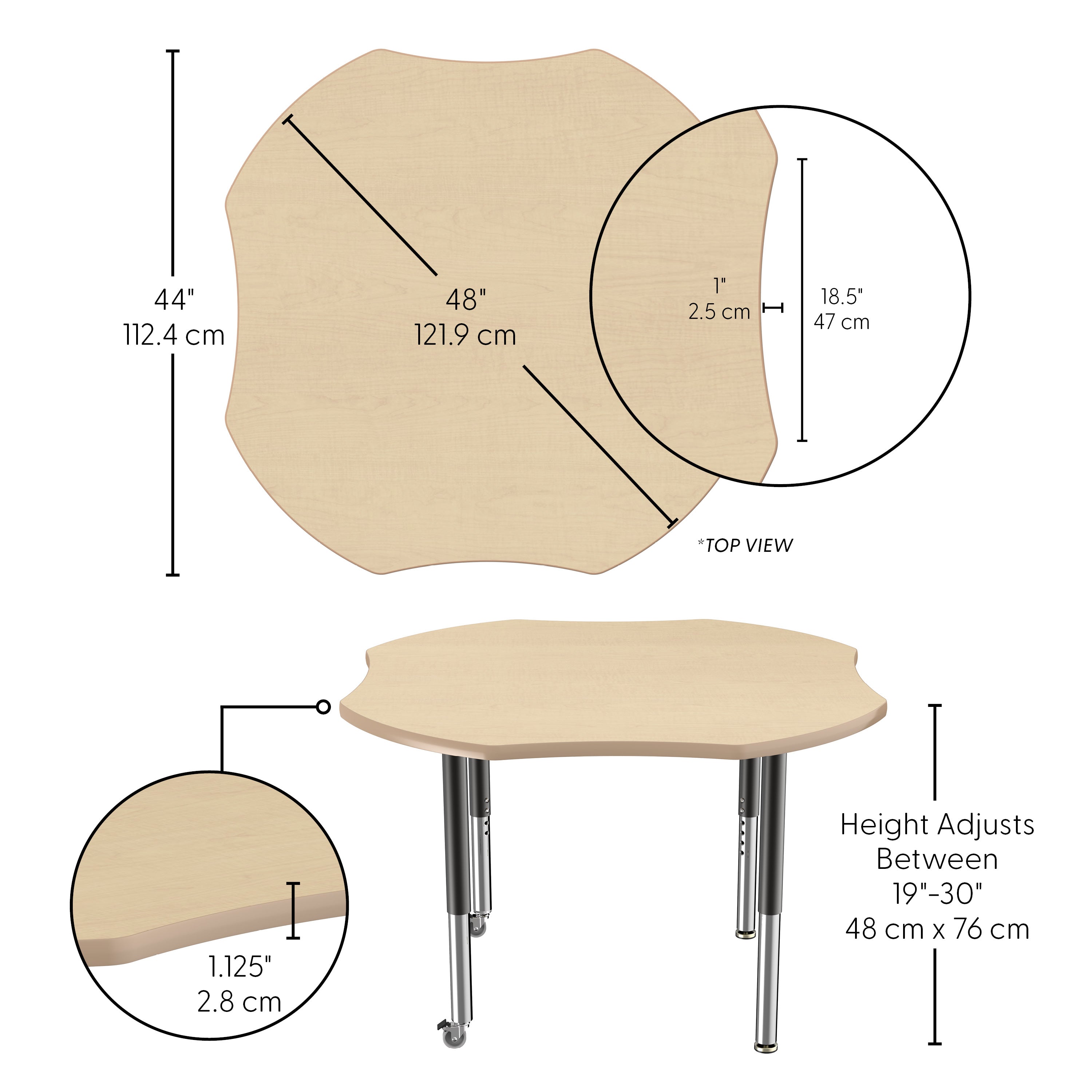 48" x 48" Clover T-Molding Activity Table with Adjustable Super Legs - Maple/Maple/Black