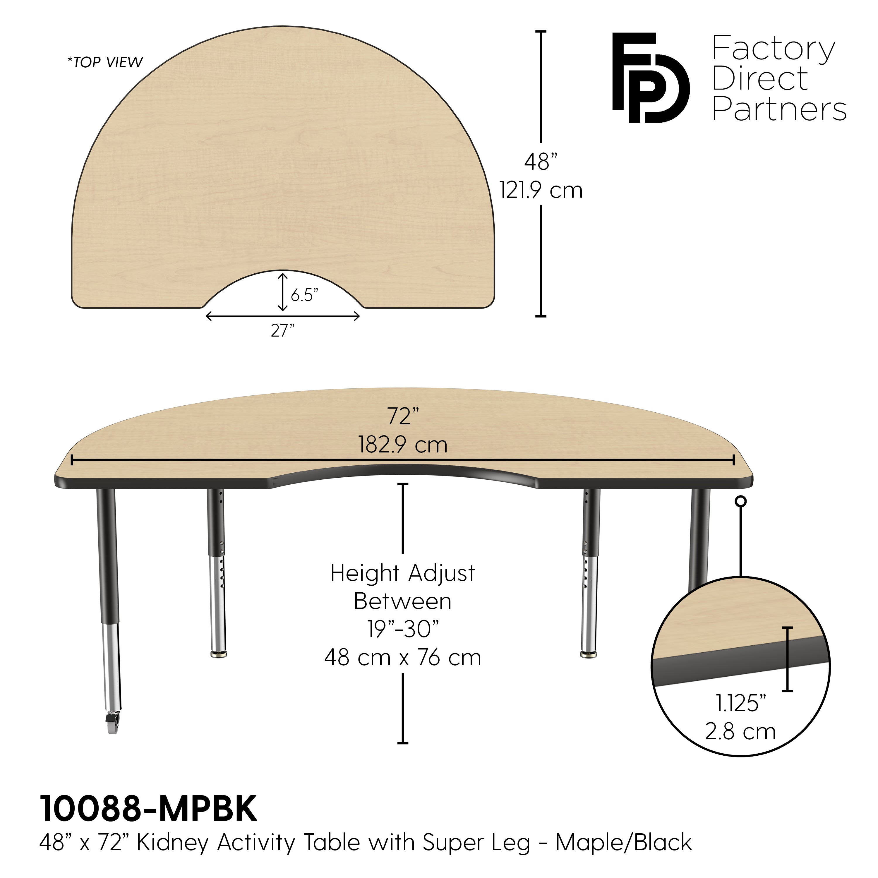 48" x 72" Kidney T-Molding Activity Table with Adjustable Super Legs - Maple/Black