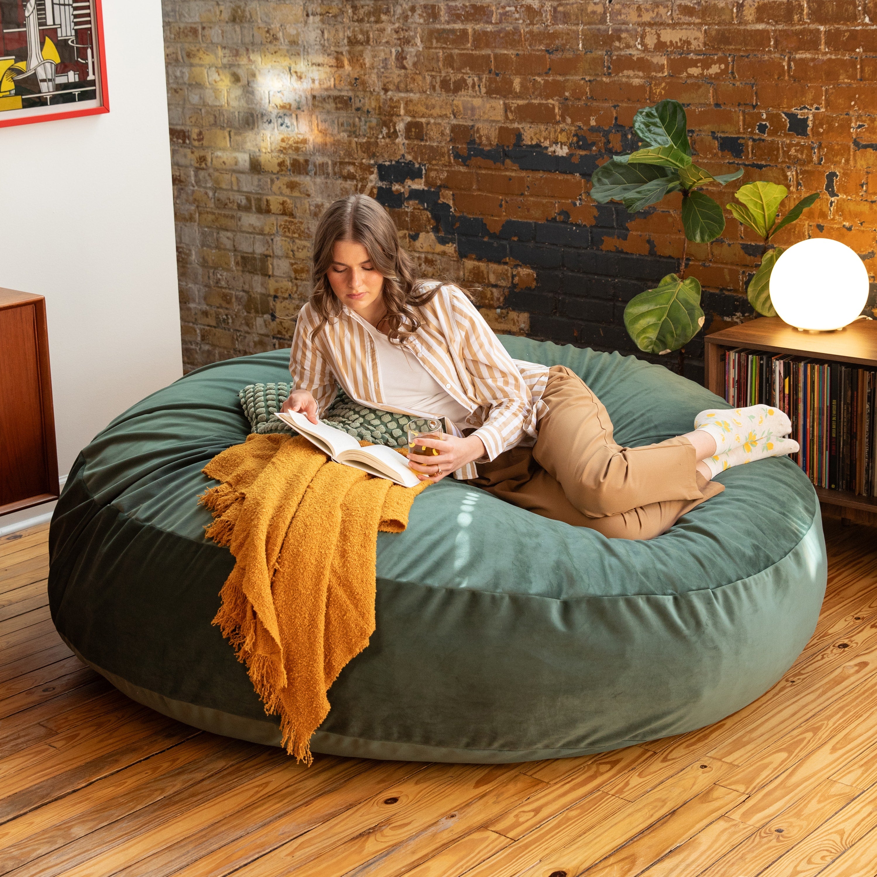Jaxx 6 Foot Cocoon - 2-in-1 Convertible Bean Bag Bed & Large Bean Bag Chair for Adults, Premium Lush Velvet - Green