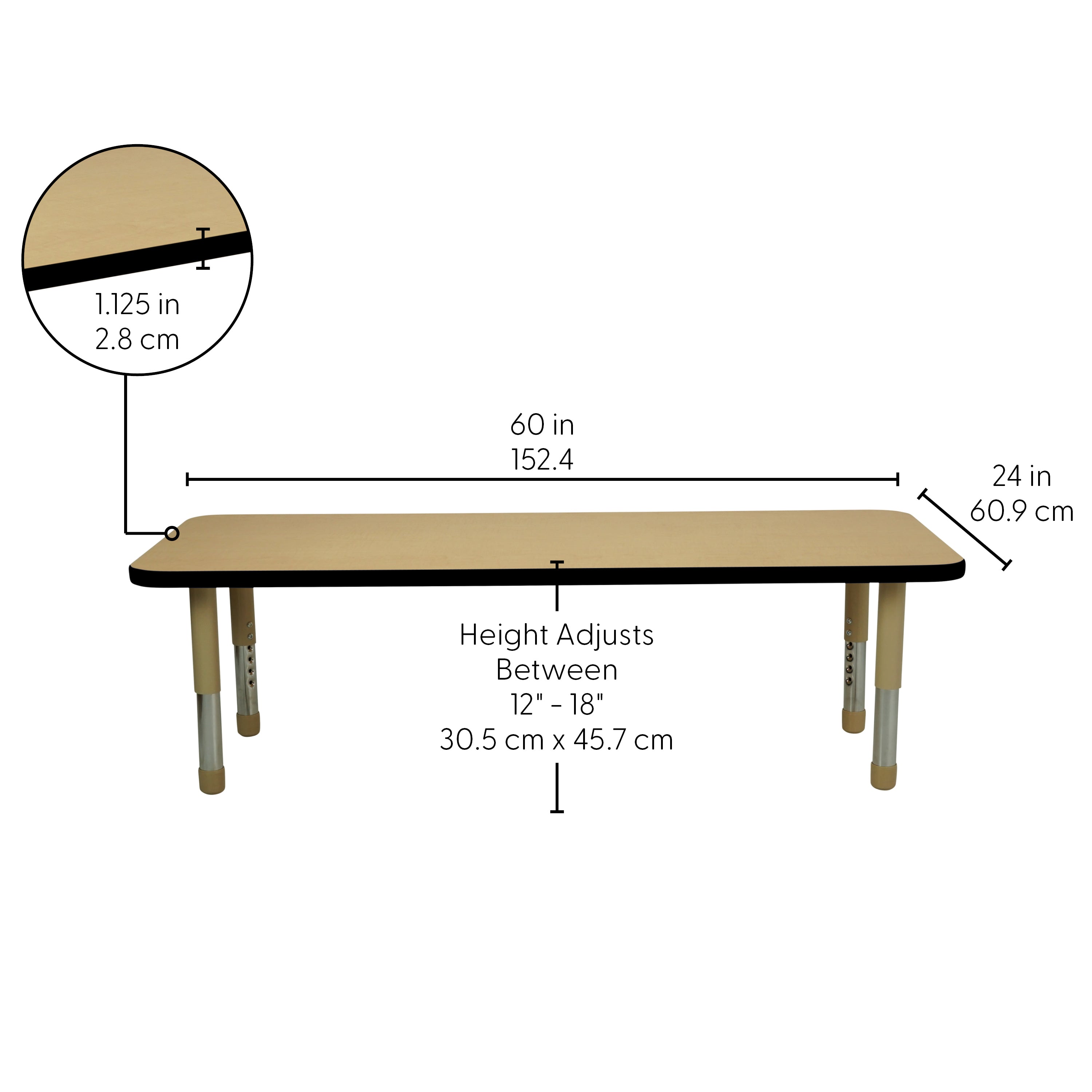 24" x 60" Rectangle T-Molding Activity Table with Adjustable Tiny Tot Legs - Maple/Black/Sand