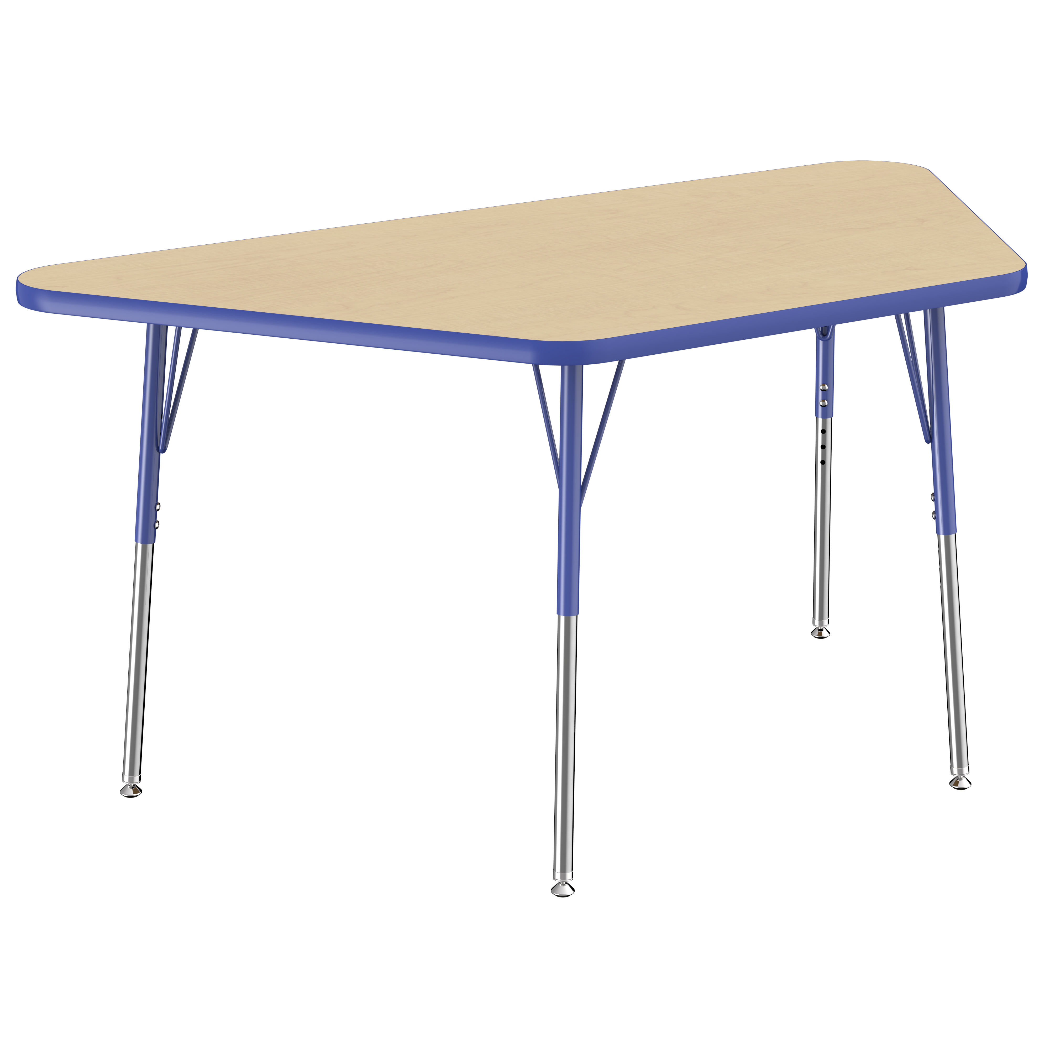 30" x 60" Trapezoid T-Molding Activity Table with Adjustable Standard Swivel Glide Legs - Maple/Blue