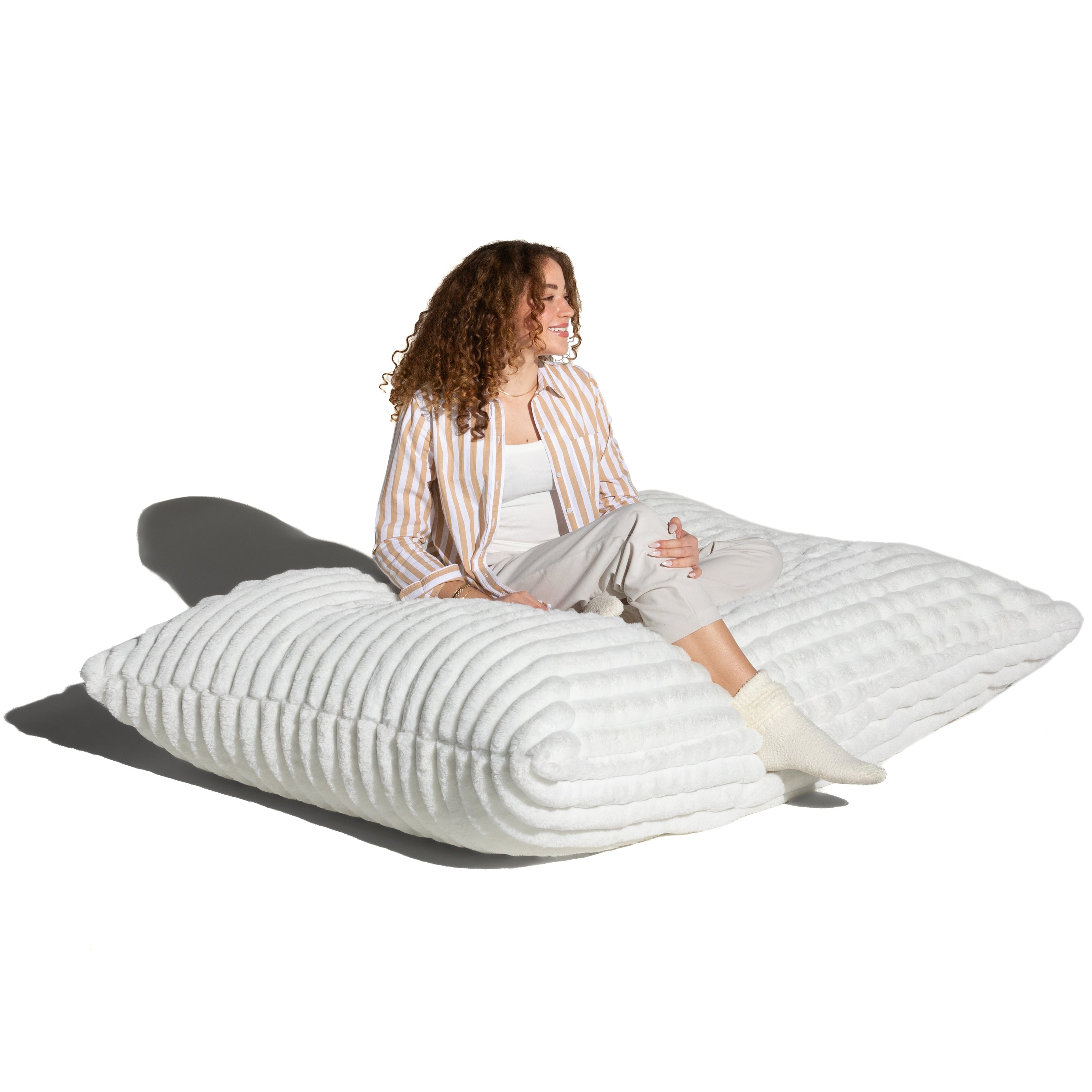 Pillow Saxx Bean Bag Rocking Chair - Elegant Oversized Rocker with Modern Wood Frame, Mondo Fur Ivory