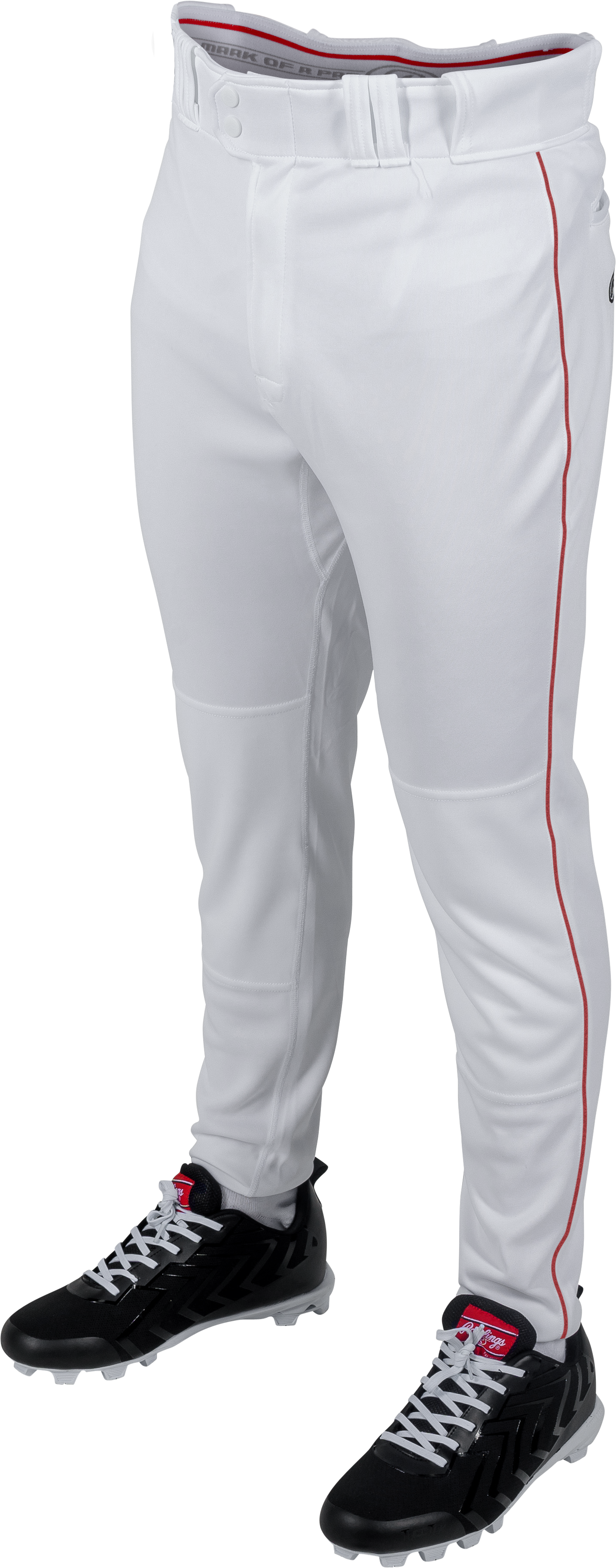 Rawlings Adult Plated Piped Pro Taper Fit Pant - Small - White/Scarlet