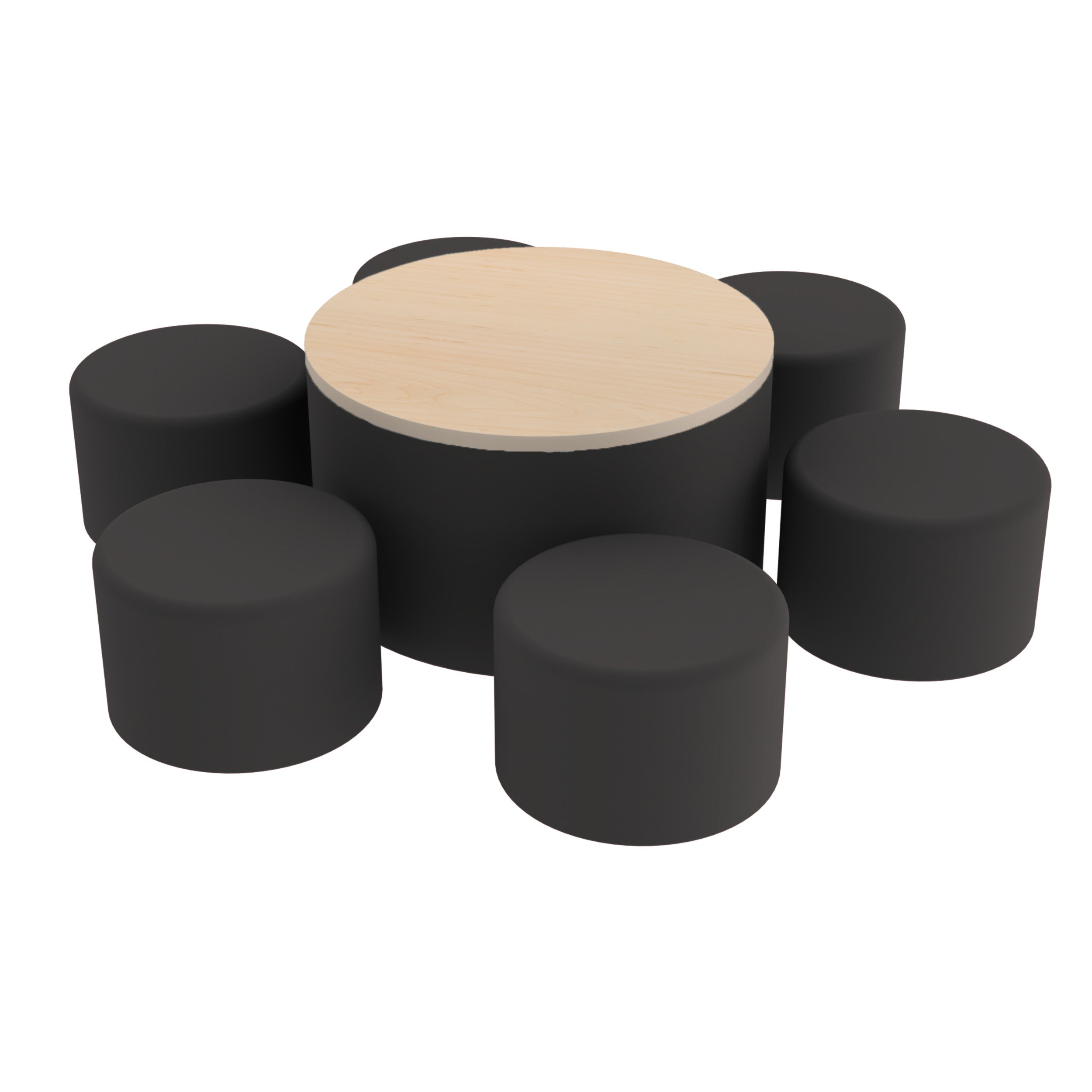 Pro Series 30" Round Ottoman Table with Round 12" H Seating, 7-Piece Set - Black/Maple