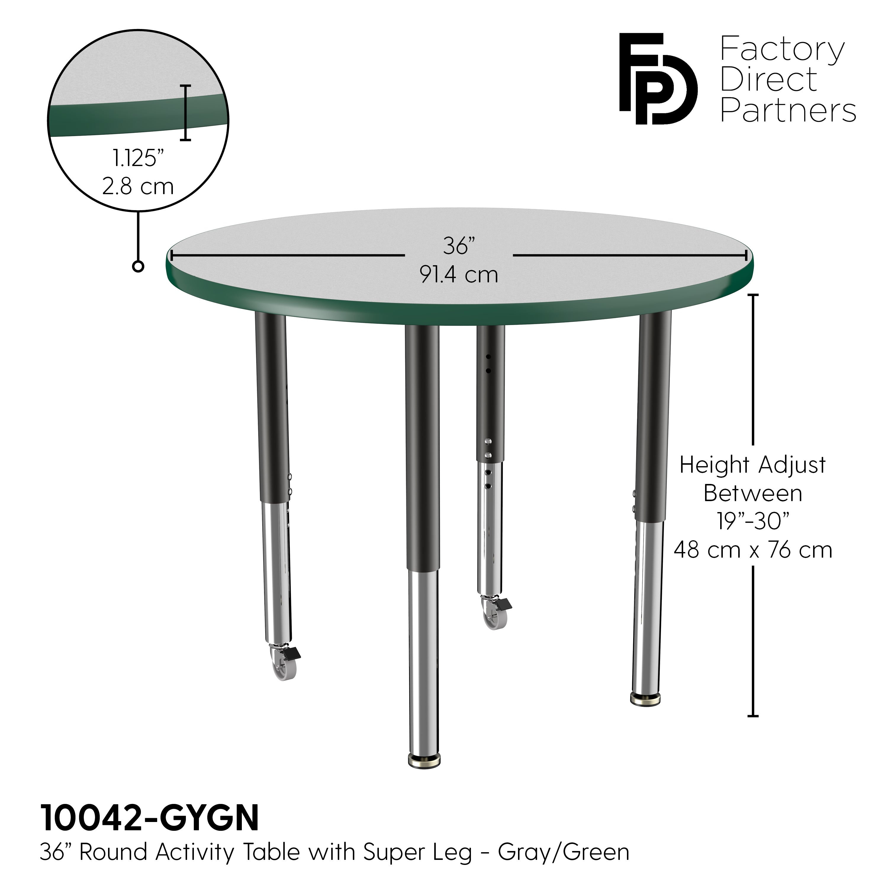 36" Round T-Molding Activity Table with Adjustable Super Legs - Gray/Green/Black