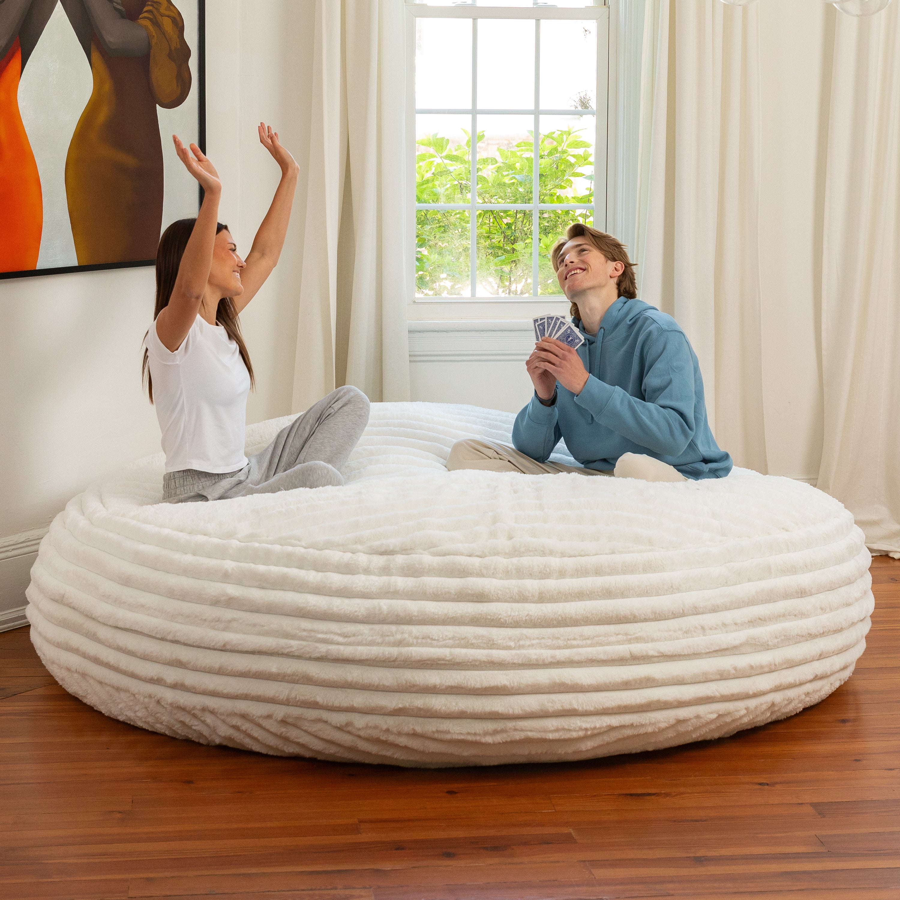 Jaxx Cocoon Bean Bag Bed for Adults - 2-in-1 Giant Bean Bag Sleeper and Convertible Lounger - Made in the USA - 7 Foot, Mondo Fur Ivory