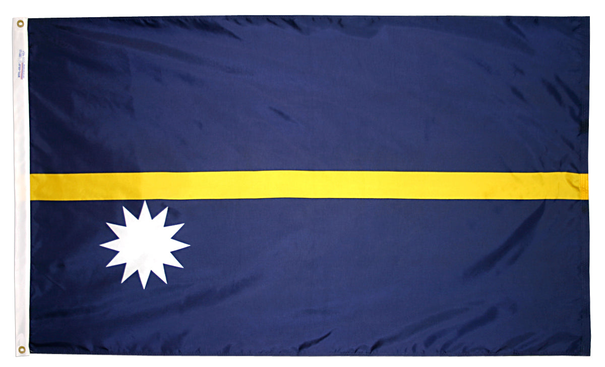 Nauru Flag 5x8 ft. Nylon SolarGuard Nyl-Glo 100% Made in USA to Official United Nations Design Specifications.