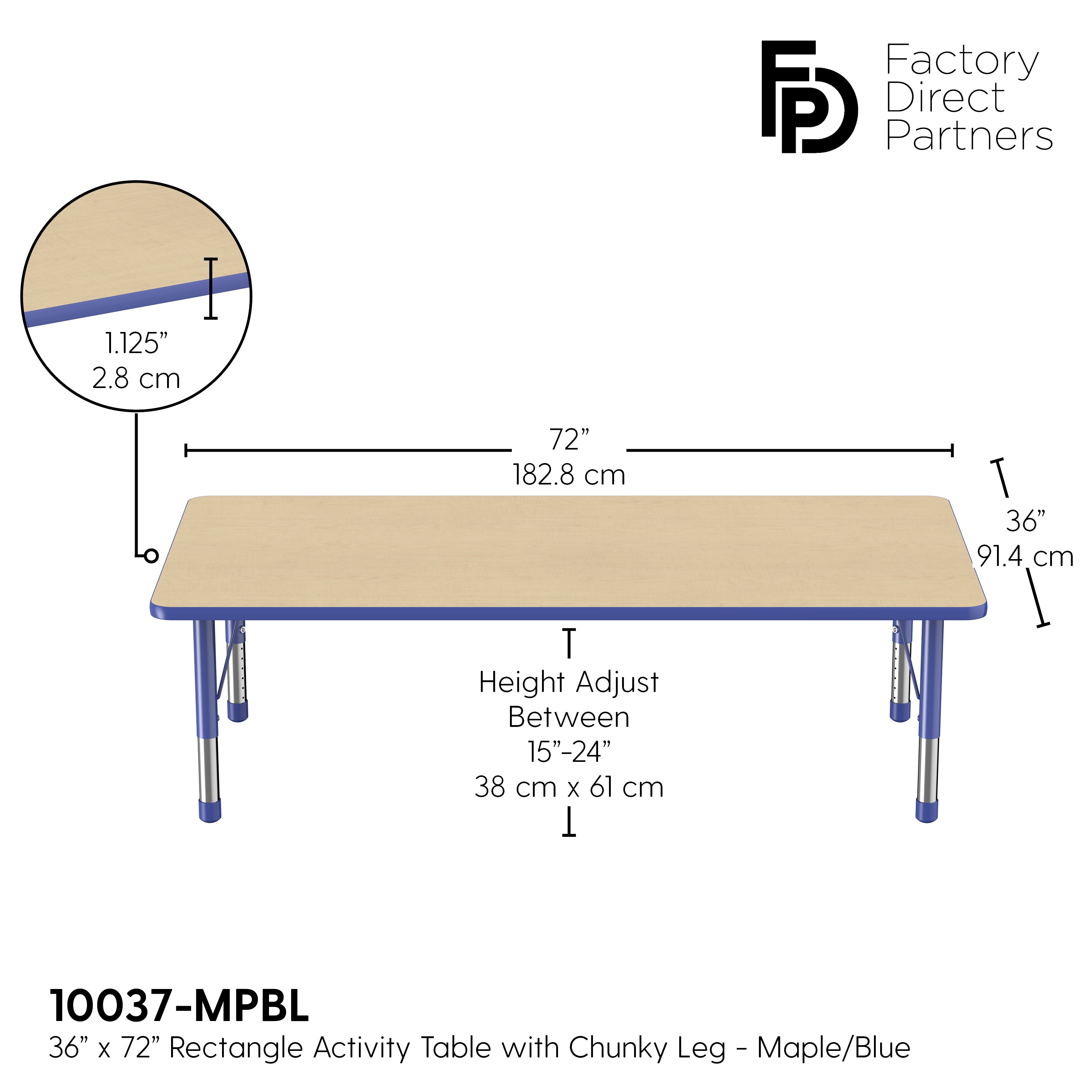 36" x 72" Rectangle T-Molding Activity Table with Adjustable Chunky Legs - Maple/Blue
