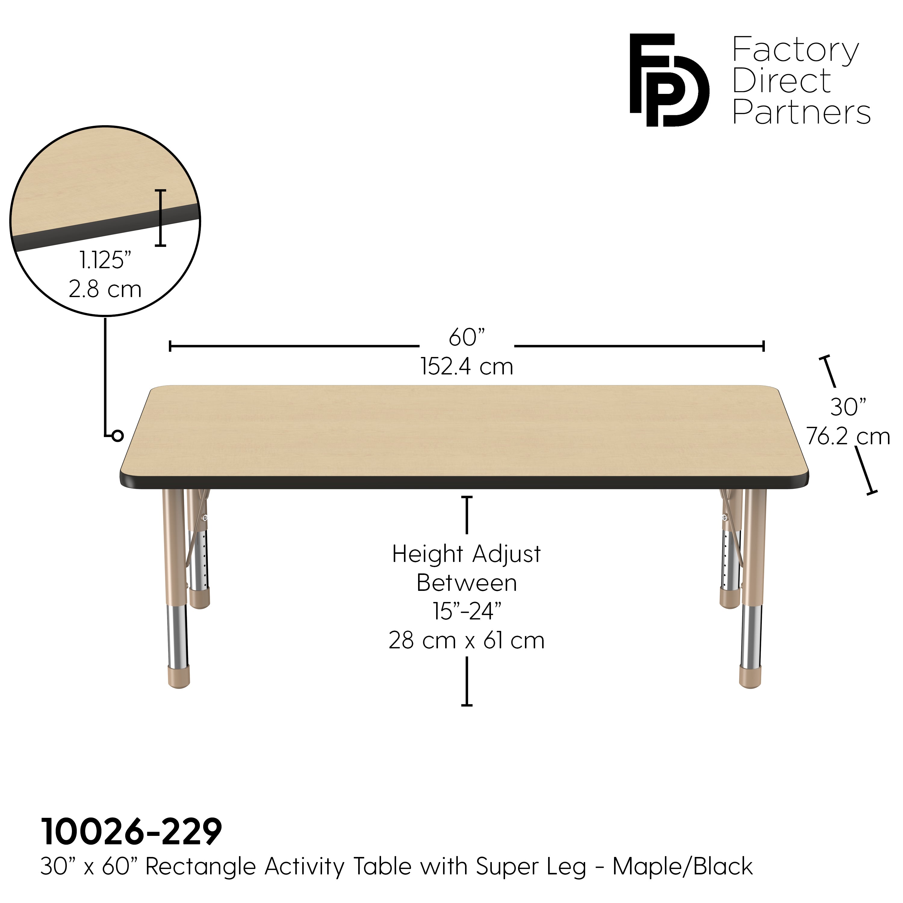30" x 60" Rectangle T-Molding Activity Table with Adjustable Chunky Legs - Maple/Black/Sand