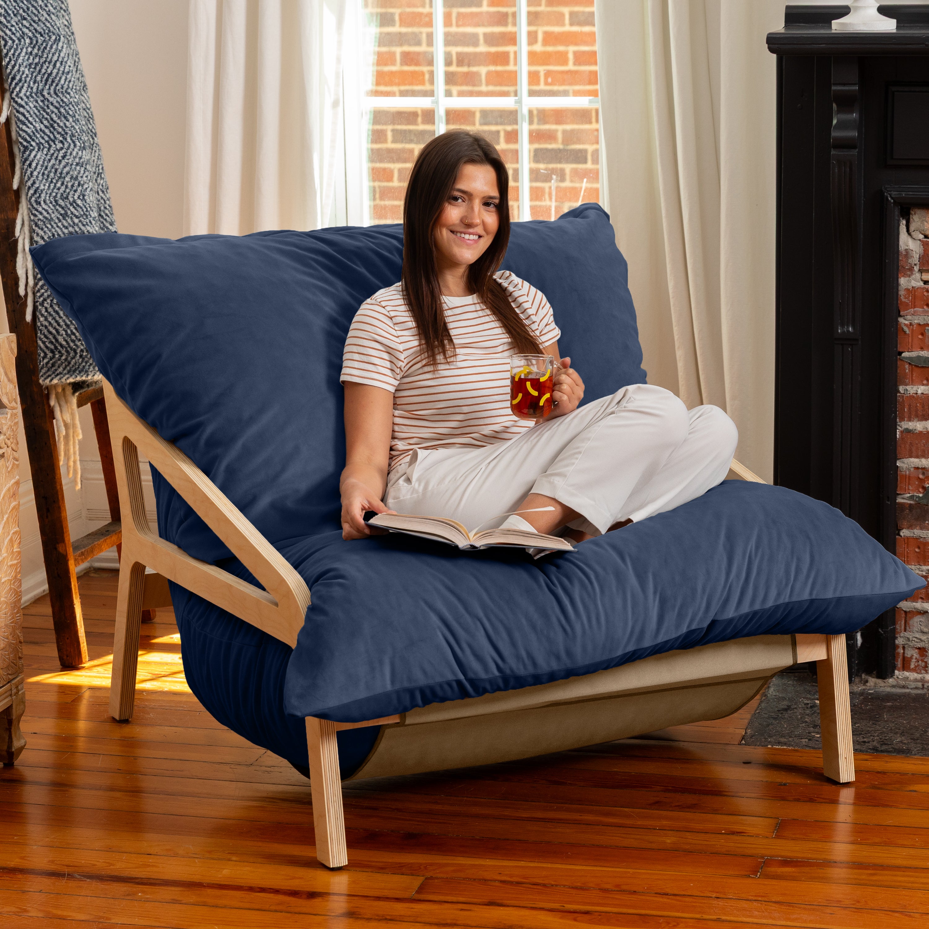 Pillow Saxx Dream Lounger with Wood Frame - 3-in-1 Bean Bag Accent Chair, Recliner & Sleeper, Lush Velvet Navy Blue