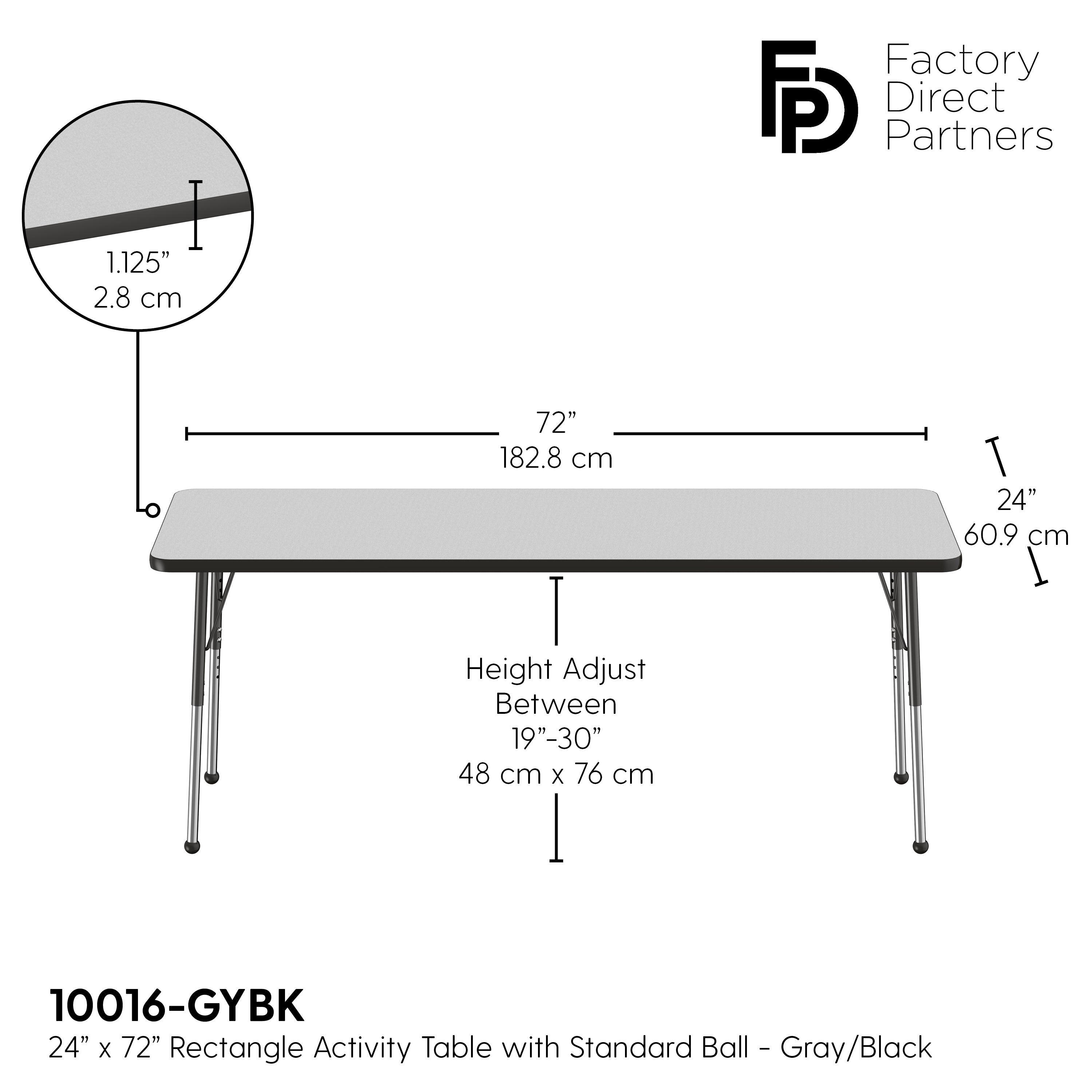 24" x 72" Rectangle T-Molding Activity Table with Adjustable Standard Ball Glide Legs - Gray/Black