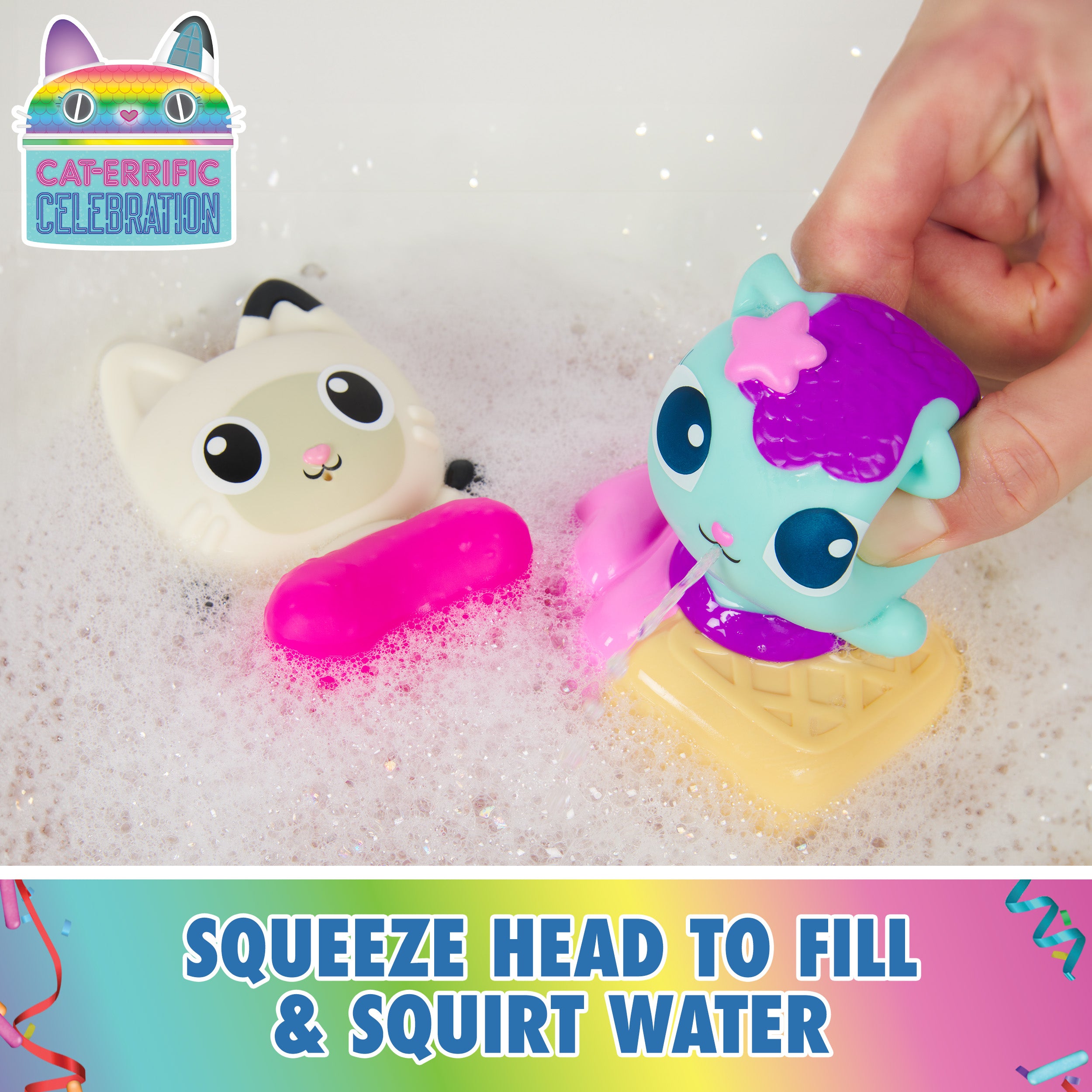 Gabby’s Dollhouse: Gabby Cat Bath Squirters, Mercat & Pandy Paws Floating Toddler Bath Toys for Girls & Boys Ages 3 and up