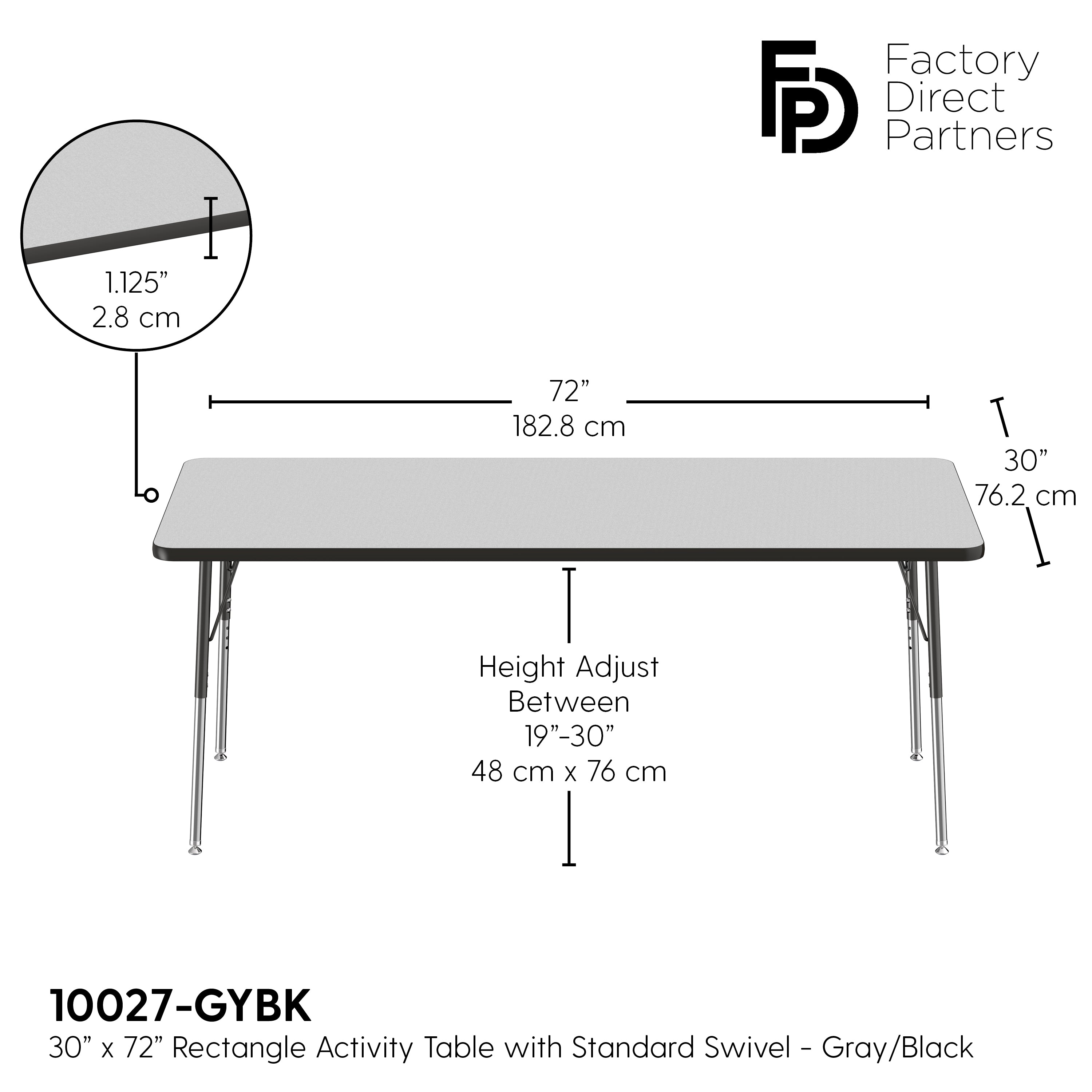 30" x 72" Rectangle T-Molding Activity Table with Adjustable Standard Swivel Glide Legs - Gray/Black