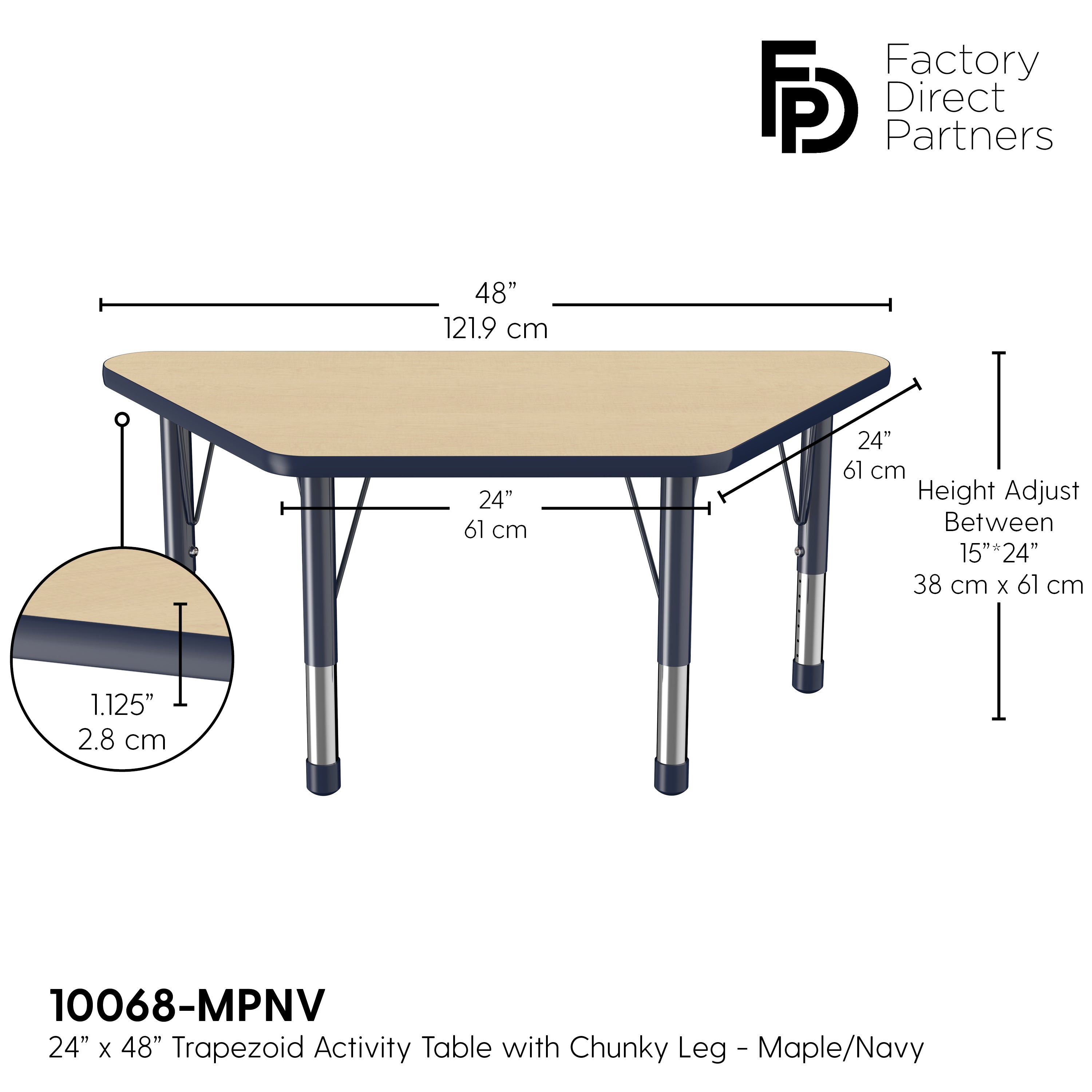 24" x 48" Trapezoid T-Molding Activity Table with Adjustable Chunky Legs - Maple/Navy