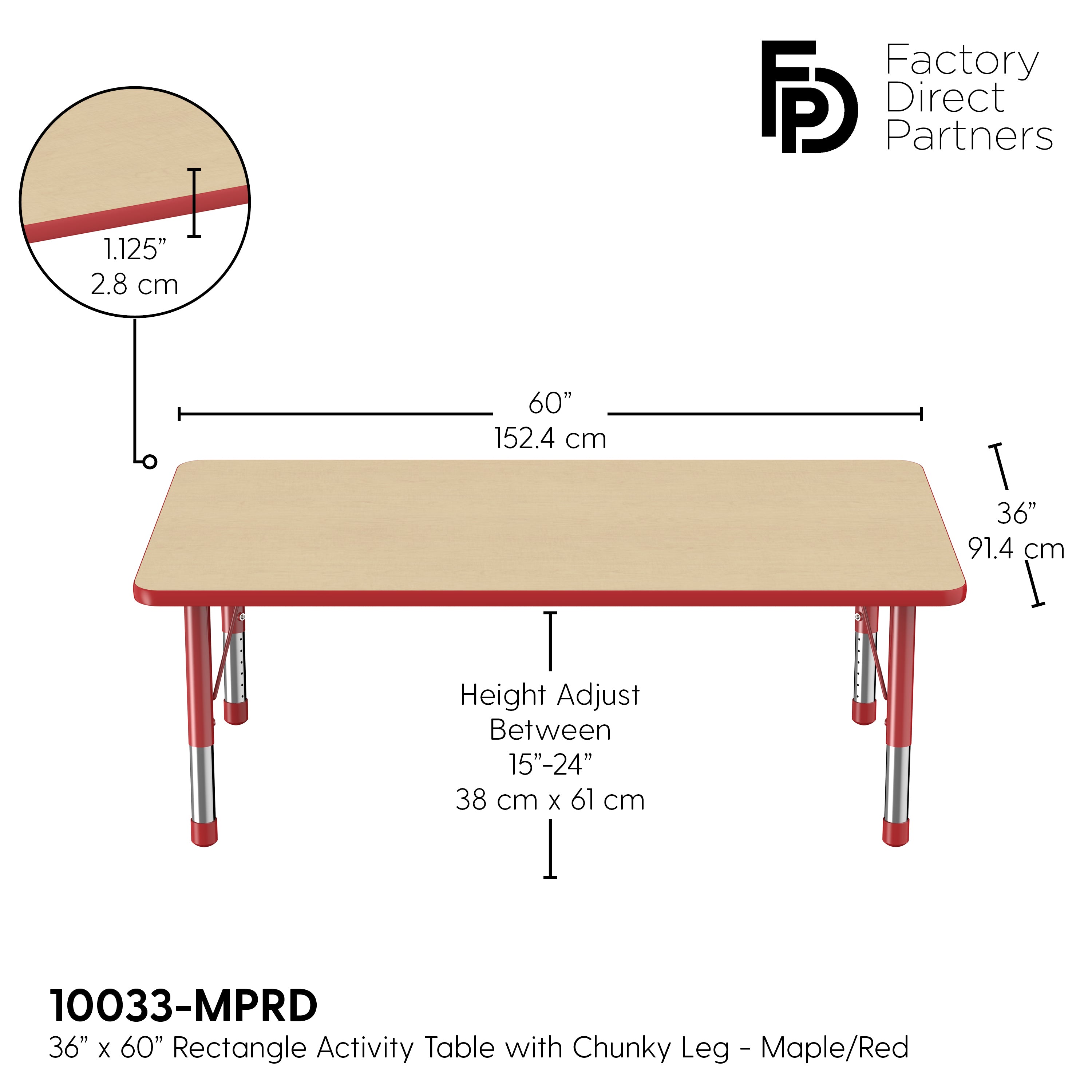 36" x 60" Rectangle T-Molding Activity Table with Adjustable Chunky Legs - Maple/Red
