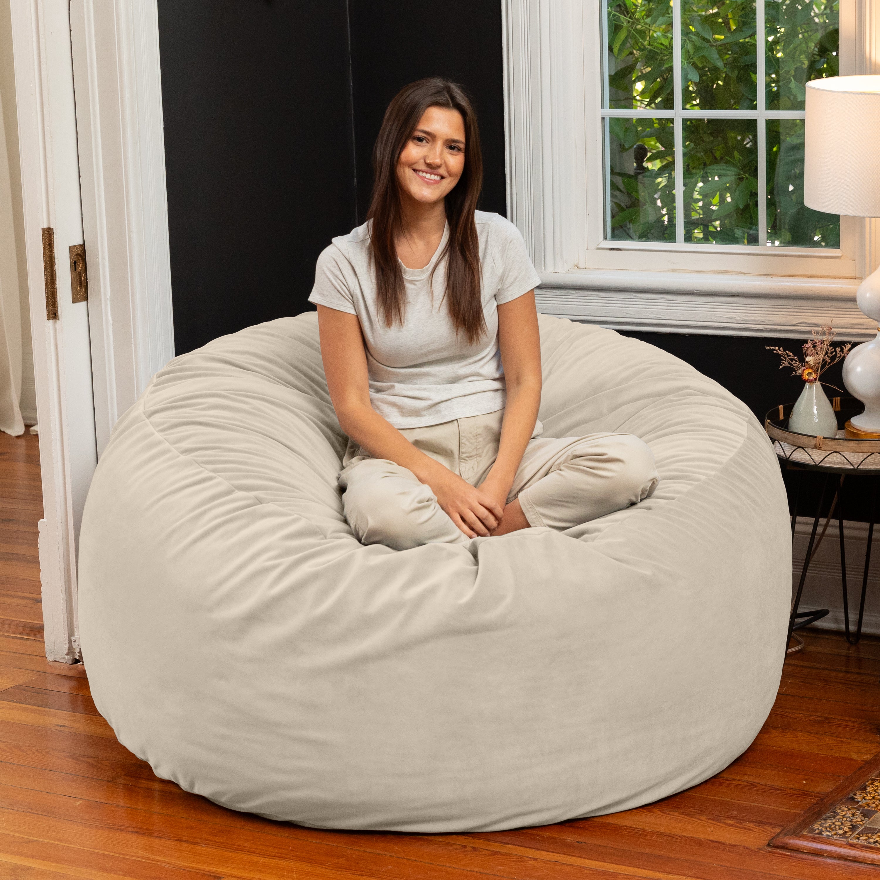 Jaxx 5 Foot Saxx - Large Round Bean Bag Chair for Adults - Lush Velvet Ivory