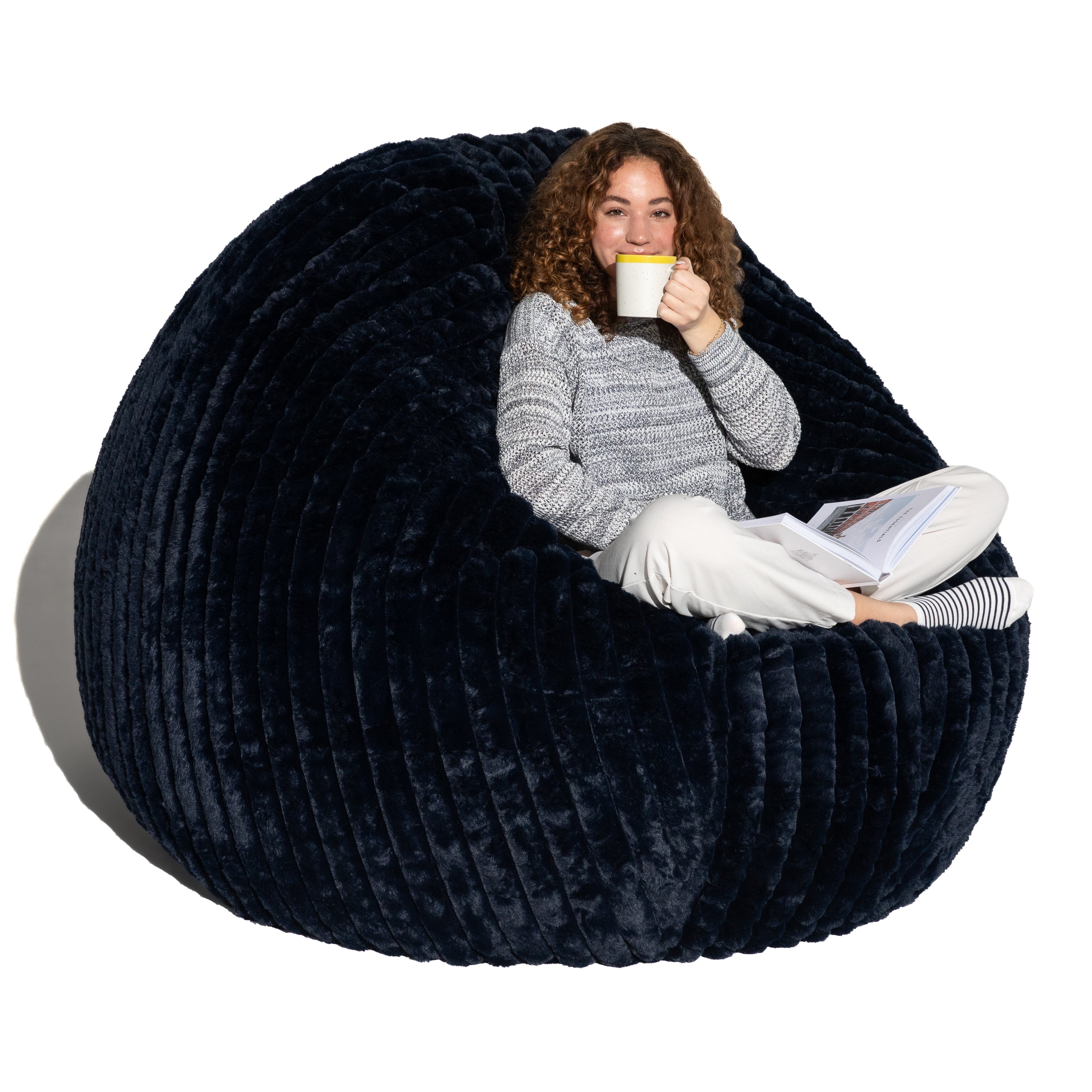 Jaxx Cocoon Bean Bag Bed for Adults - 2-in-1 Giant Bean Bag Sleeper and Convertible Lounger - Made in the USA - 6 Foot, Mondo Fur Midnight Blue