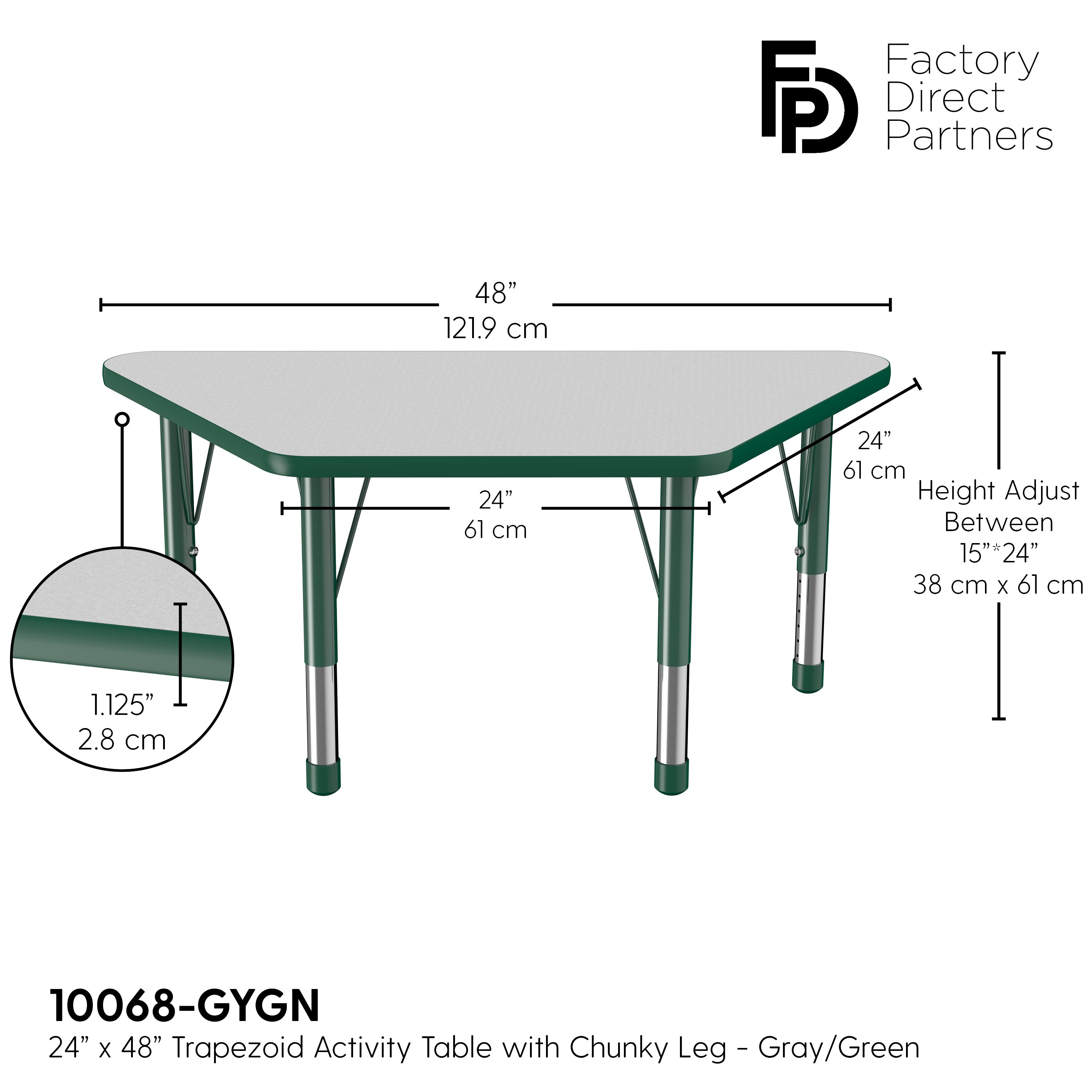 24" x 48" Trapezoid T-Molding Activity Table with Adjustable Chunky Legs - Gray/Green